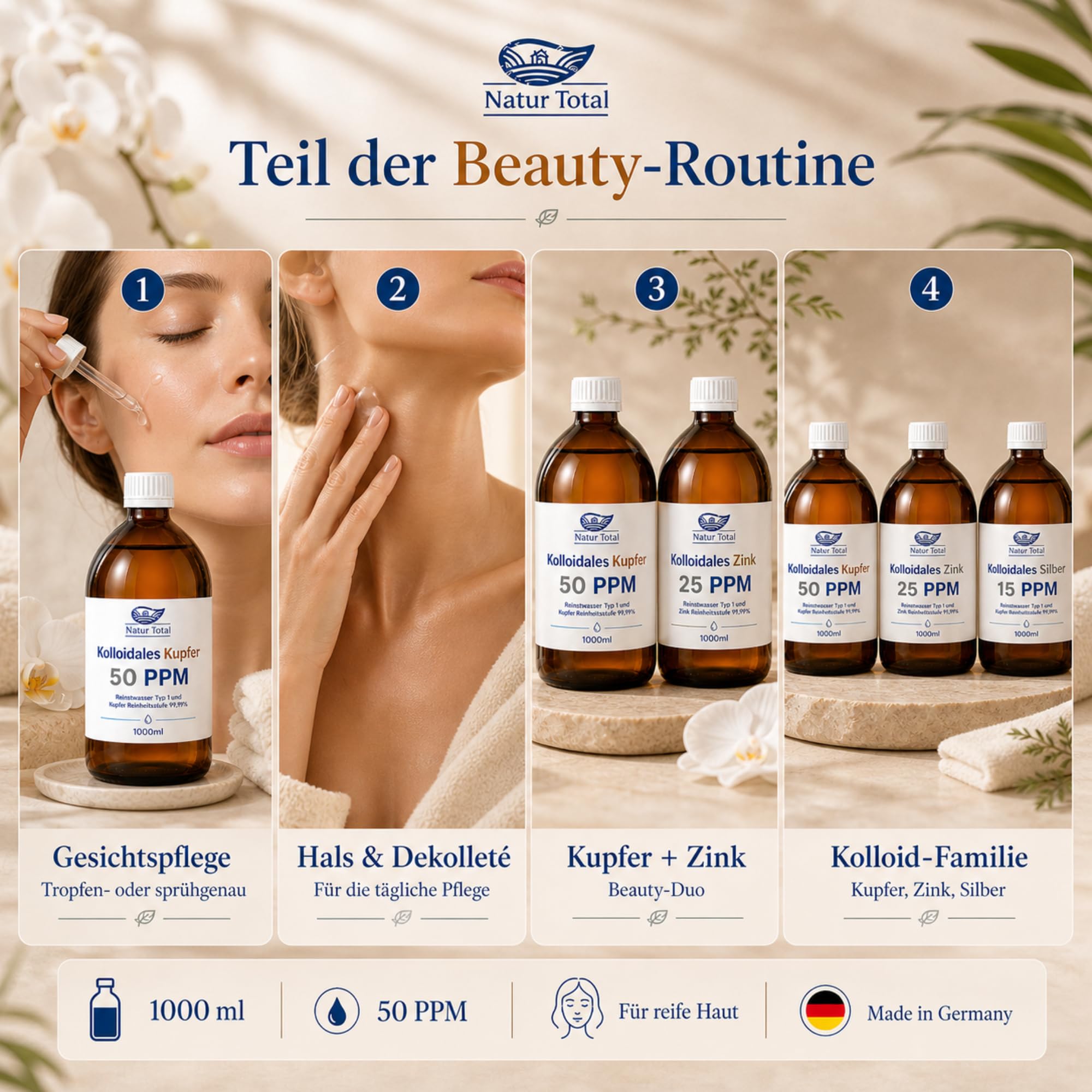 Natur Total Kolloidales Kupfer 50 PPM 1000ml XL-Flasche | Apotheker-Braunglas | Reinstwasser Typ 1 | 99,99% Kupfer | Hochreine Kolloid-Lösung | Ionic-Pulser-Verfahren | Made in Germany seit 2011