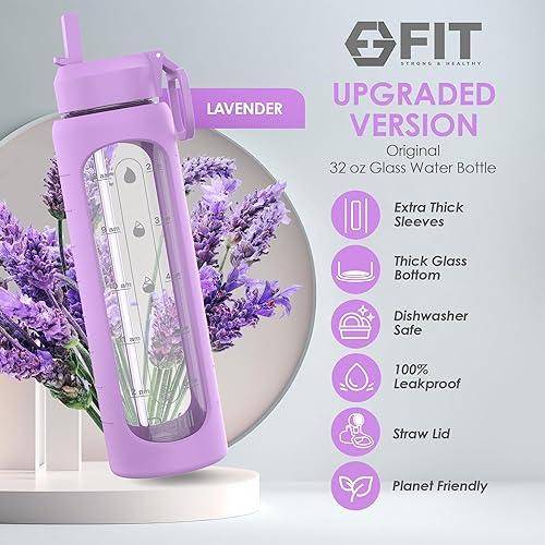 Miniatura 2 de FIT Strong & Healthy 32 oz Glass Water Bottle with Straw Lid - Wide Mouth Borosilicate Glass Water Bottles with Time Marker, Silicone Sleeve & Extra