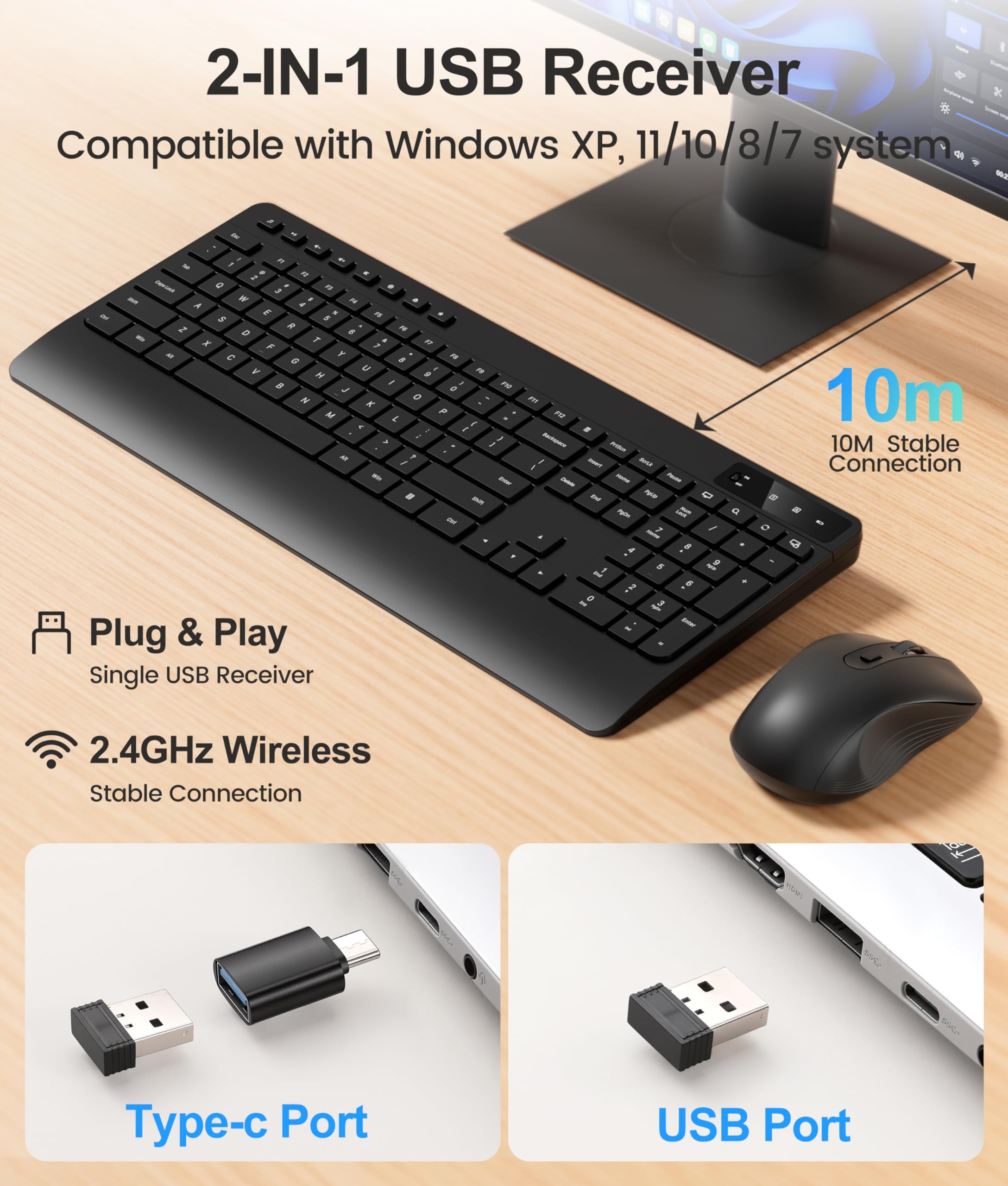 Combo de teclado y mouse inalámbricos, escritura silenciosa y clics silenciosos, reposamuñecas ergonómico de tamaño completo, Plug and Play de 2.4 GHz, teclas de acceso rápido multimedia, mouse DPI de