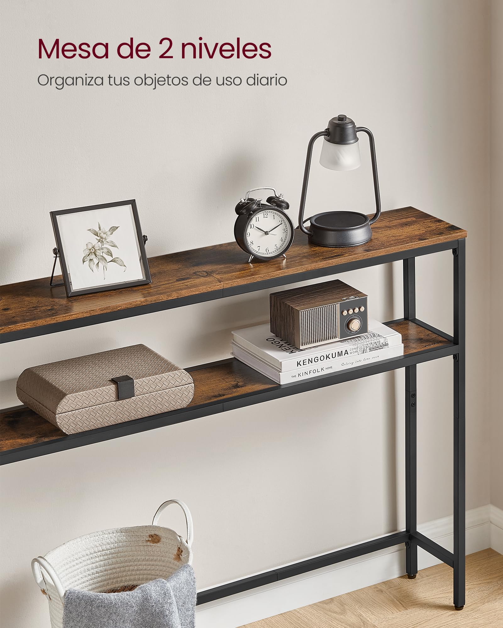 VASAGLE Mesa de Consola de 2 Niveles, Mesa Auxiliar con 2 Estantes, 20 x 80 x 80 cm, para Sala de Estar, Pasillo, Recibidor, Marrón Rústico y Negro Tinta LNT130K01