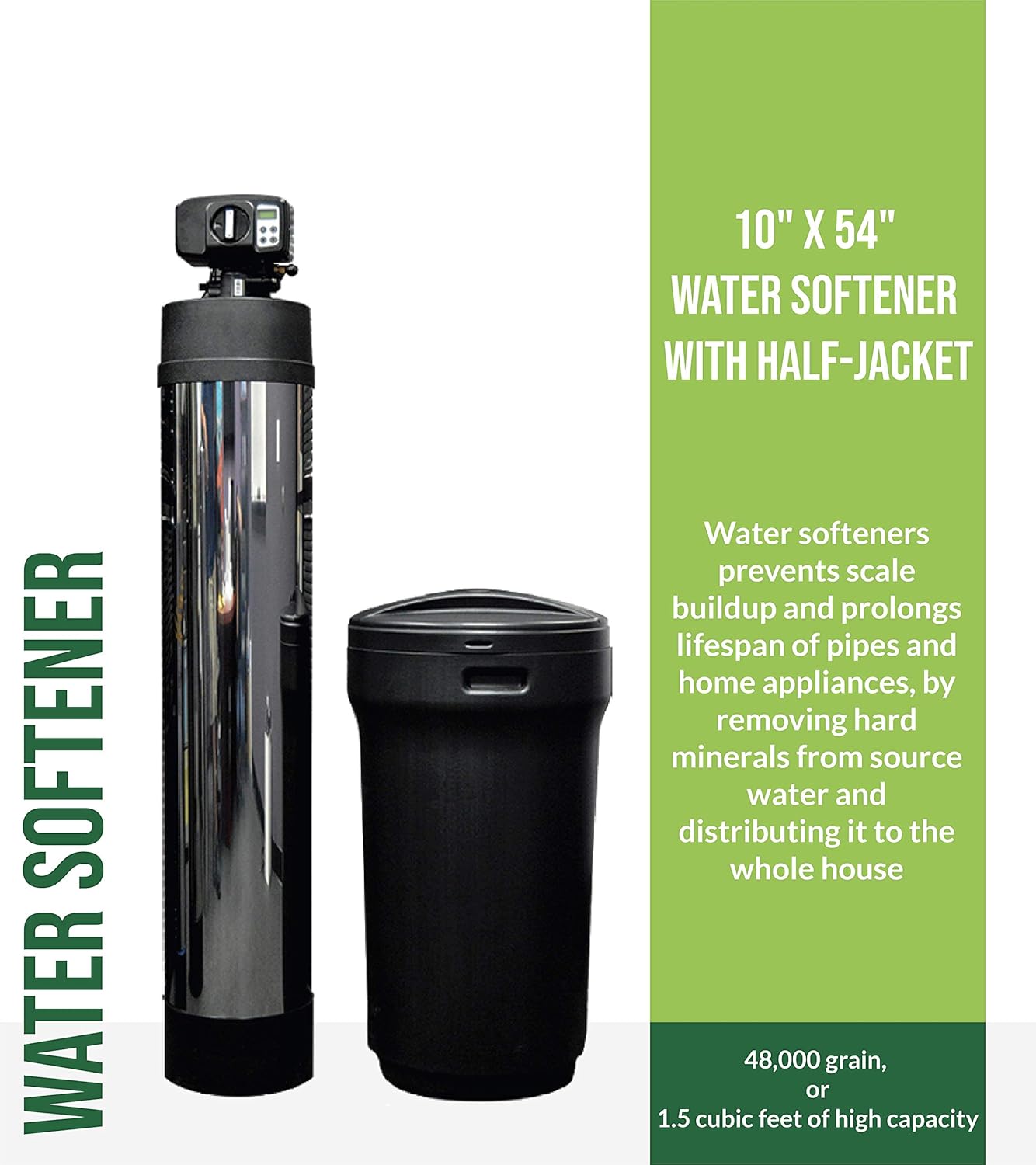 LUGANO - 10" x 54" Half Jacket Water Softener, Distributor Tube and State-of-the-art Control Valve - Whole House System - 48,000 grain