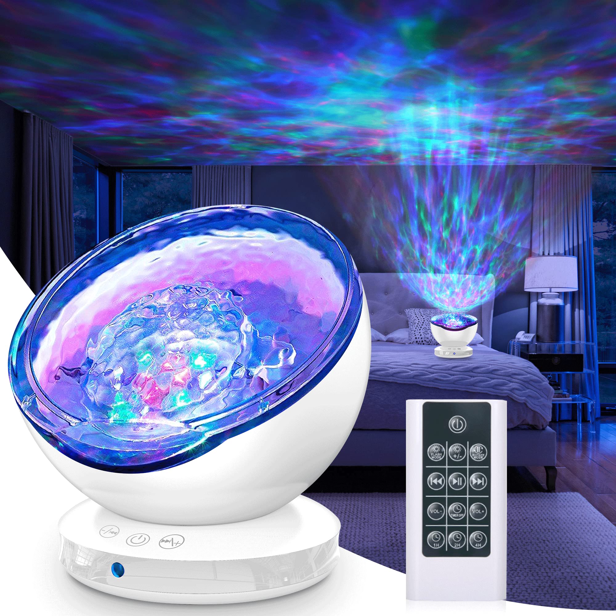 Ocean Wave Projector, Projector Wave Lights for Kids Room, Remote and Timer, 8 Color Changing Modes LED Night Light and 6 Natural Sleeping Sound for Baby Child, Home Decor Birthday Christmas Gifts