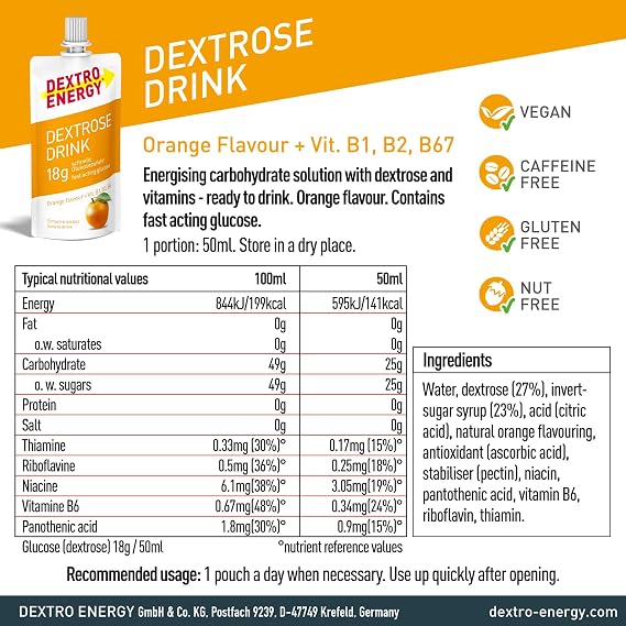 Dextro Energy Orange Flavour Dextrose 50ml, Pack of 16