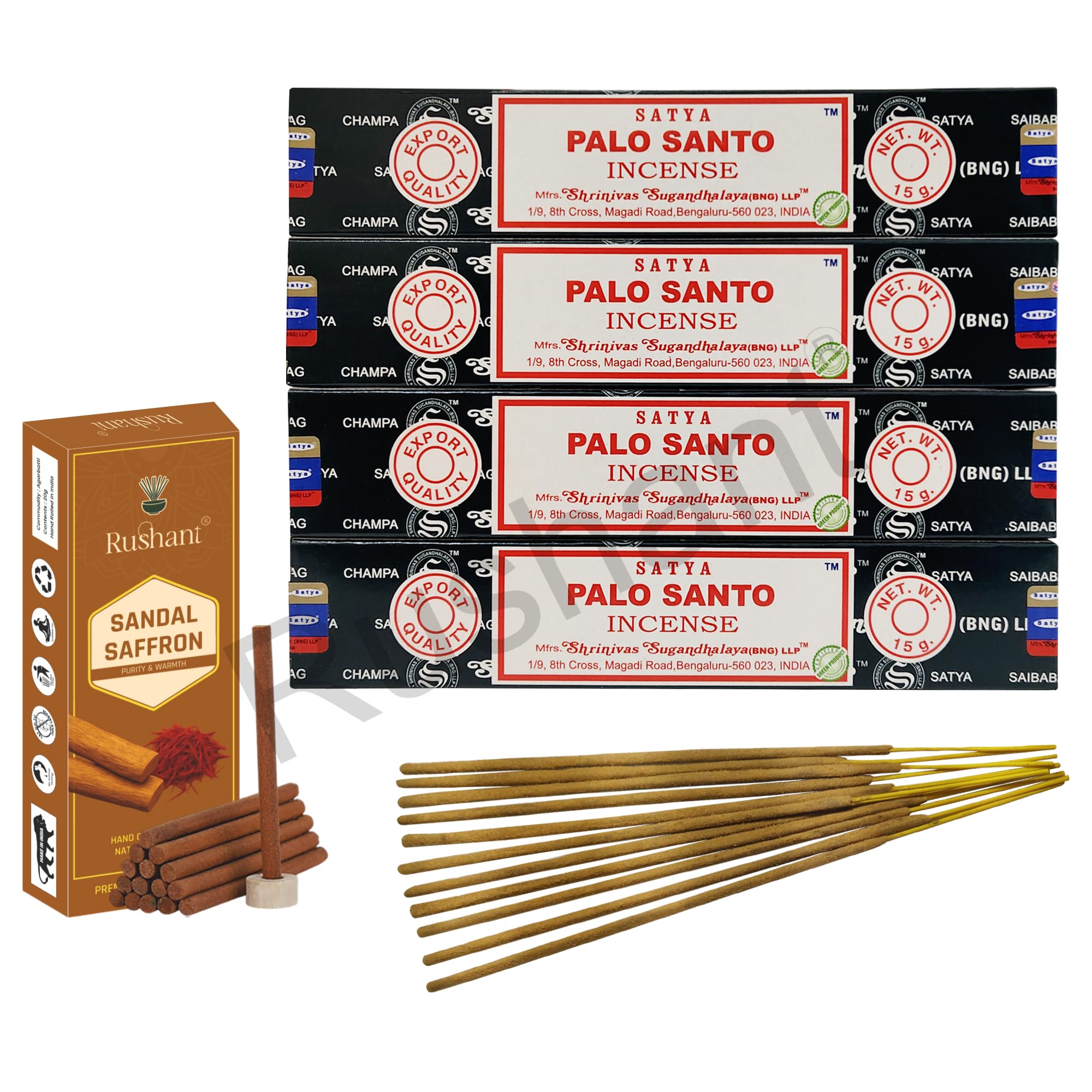 Rushant Sandal Saffron Dhoop Sticks with Satya Palo Santo Incense Sticks – 15g x 4 Packs | Original Satya Agarbatti Combo for Meditation, Yoga, Relaxation, Pooja & Aromatherapy