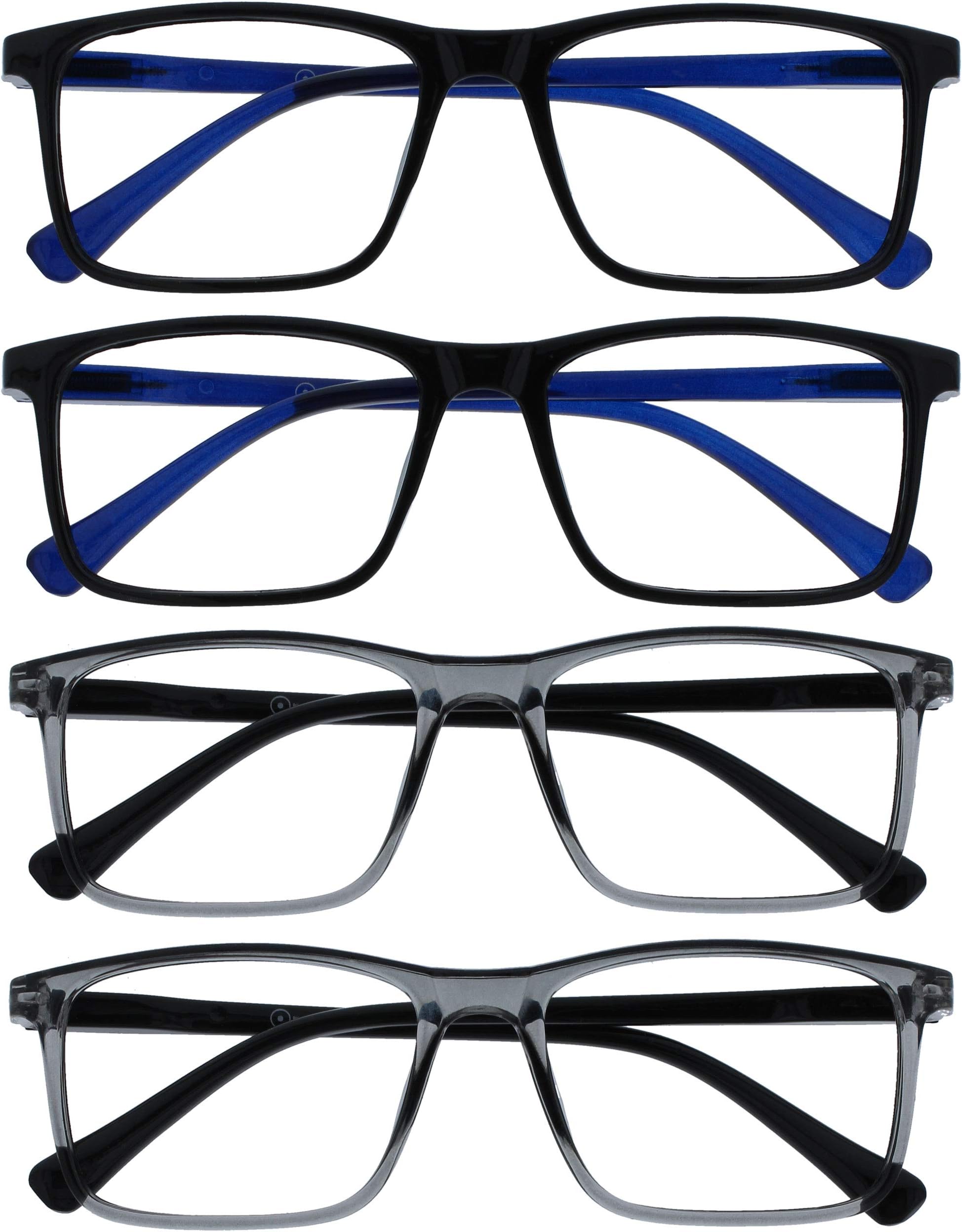 OPULIZE INK Reading Glasses - Value 4 Pack - Large Rectangular Frame - Spring Hinges - Scratch Resistant - Black Grey - Mens Womens +2.50
