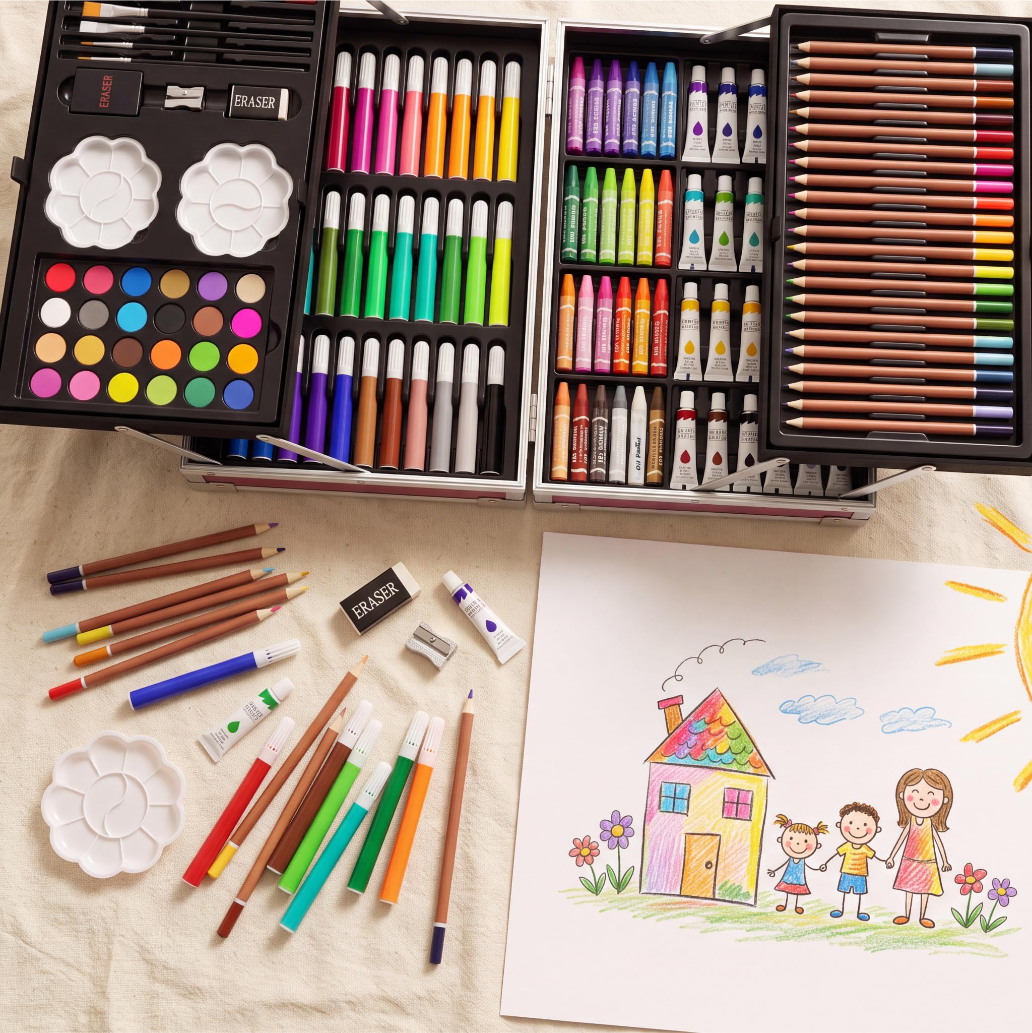 Juego de arte de lujo de 145 piezas de pintura a lápiz y dibujo de aluminio para principiantes, regalo de Navidad, cumpleaños, Año Nuevo para artistas, adultos, niños, niños