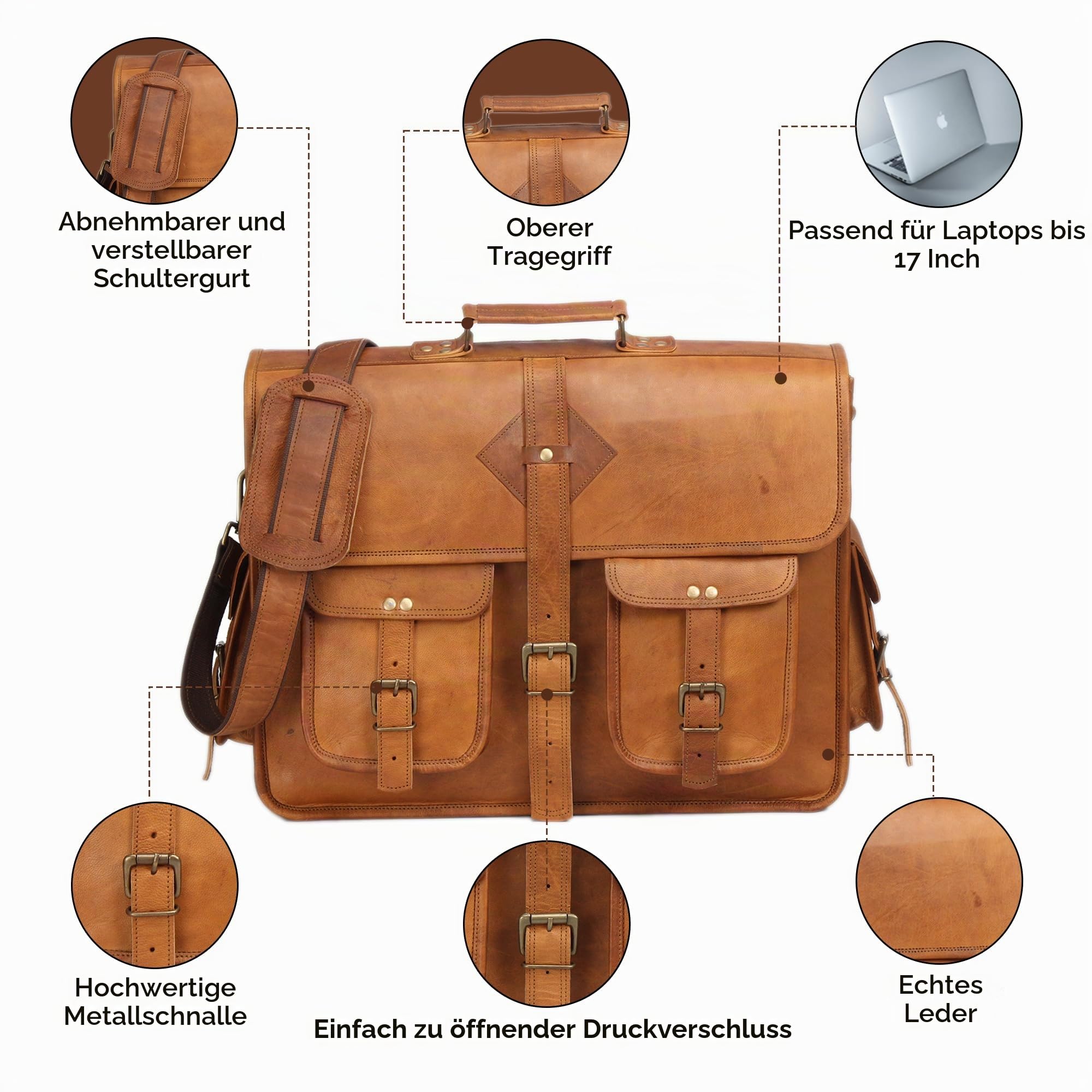Vintage Leather Laptop Bag for Men Full Grain Large Leather Messenger bag for men 18 inches with rustic look Brown briefcase