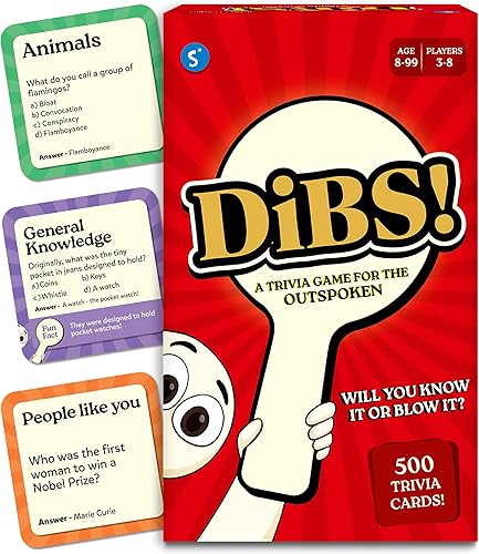 Skillmatics Juego de cartas DIBS, juego de trivia de ritmo rápido, divertido y educativo para familiares, amigos y fiestas, pensamiento rápido, 10