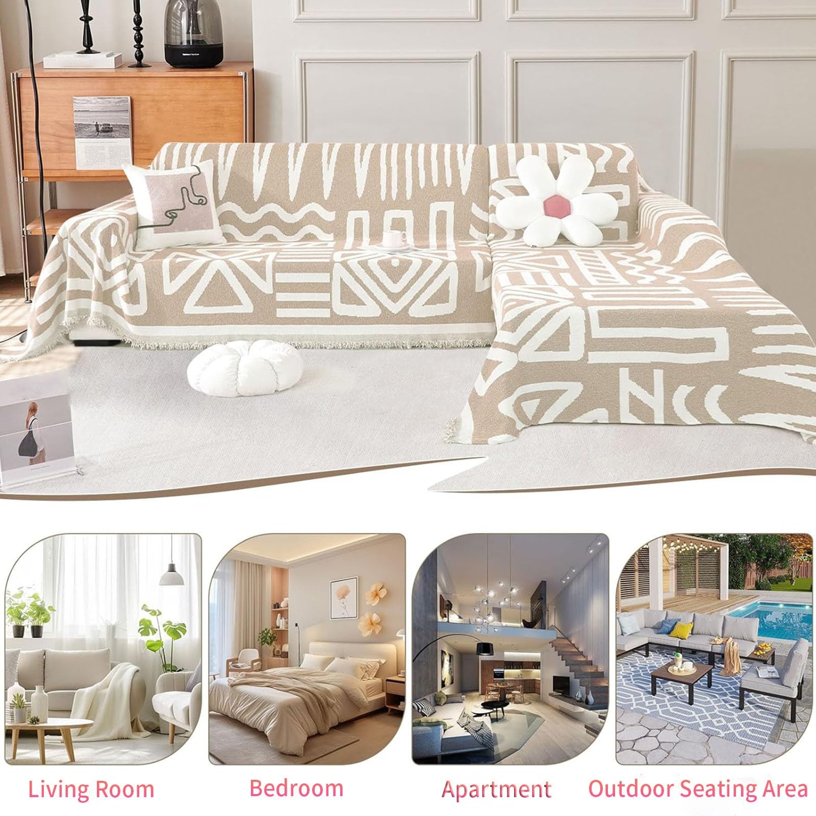 Housse de Canapé d'angle Housse Canapé 1 2 3 4 Places Couvre Canape Chenille Protege Canape Angle avec Glands Décoratifs Anti-Rides Boho Lavable Forme de L Sofa Cover Universelle