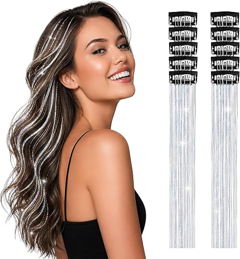 AgniPhant 12Pcs Clip-In Hair Tinsel Extensions – Silver Glitter Hair Tinsels for Women & Girls, Easy to Apply Hair Extensi...