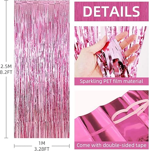Miniatura 3 de Paquete de 6 cortinas de fondo de flecos de papel de aluminio, 3.28 x 8.2 pies, serpentinas de oropel rosa, cortinas de flecos metálicos de oropel