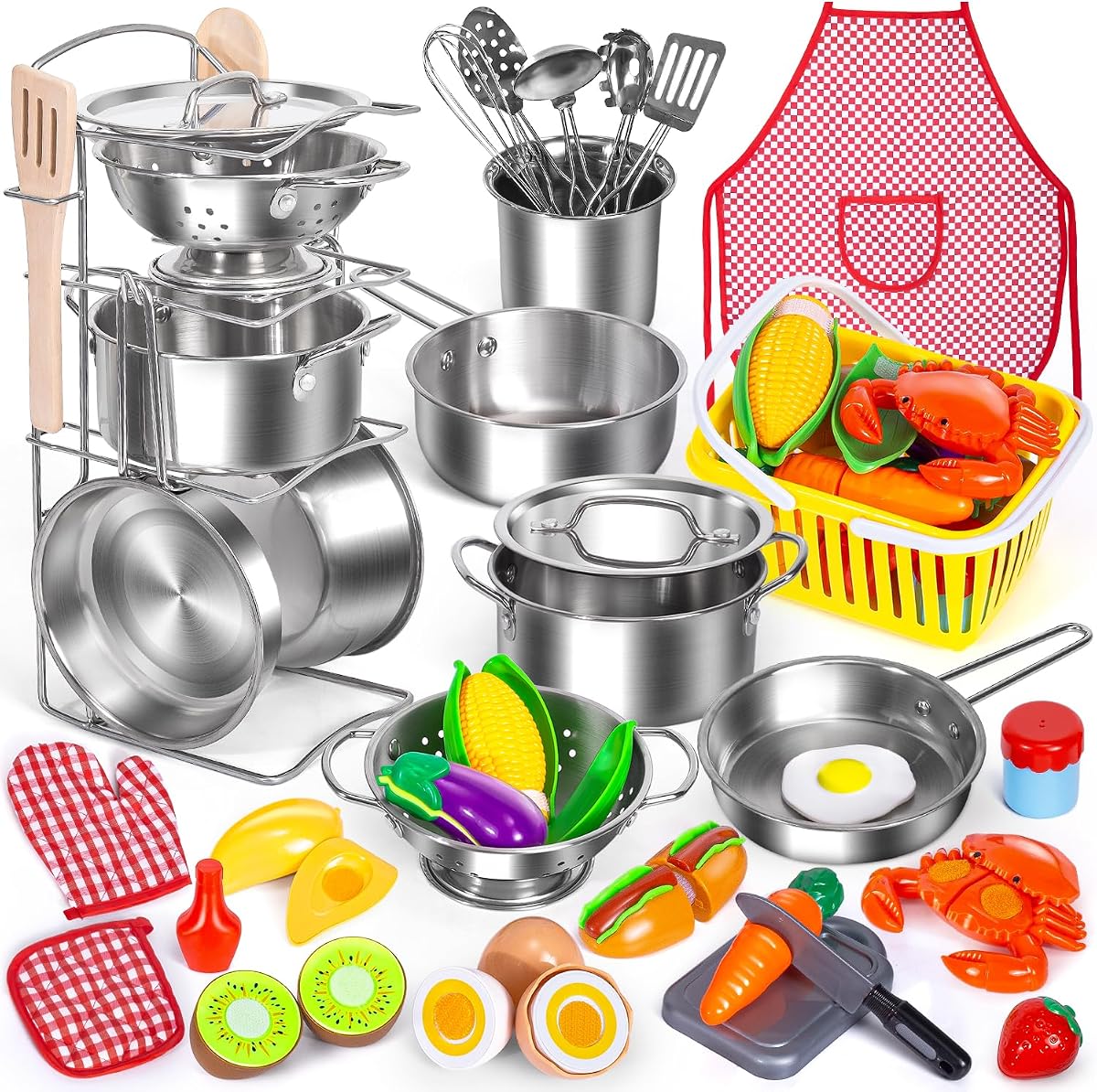 Kids Pretend Play Kitchen Toys Accessories Set, 32pcs Stainless Steel | Toy Pots and Pans Sets w/ Rack Organizer, Metal Cooking Utensils & Apron, Play Food w/ Basket for Kids Girls Boys Toddlers 3+