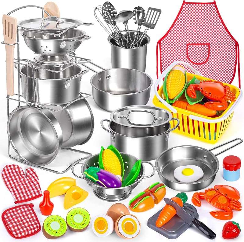 Kids Pretend Play Kitchen Toys Accessories Set, 32pcs Stainless Steel | Toy Pots and Pans Sets w/ Rack Organizer, Metal Cooking Utensils & Apron, Play Food w/ Basket for Kids Girls Boys Toddlers 3+