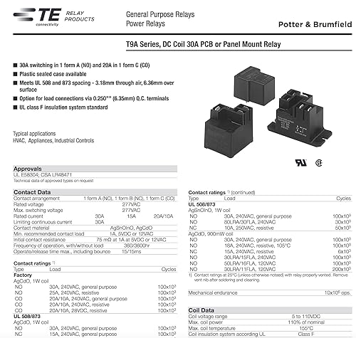 Miniatura 3 de TE Potter & Brumfield (1-1419104-7) T9AS1D22-12 (paquete de 2) relé 30A 240VCA 30 amperios 240 voltios, SPST NO