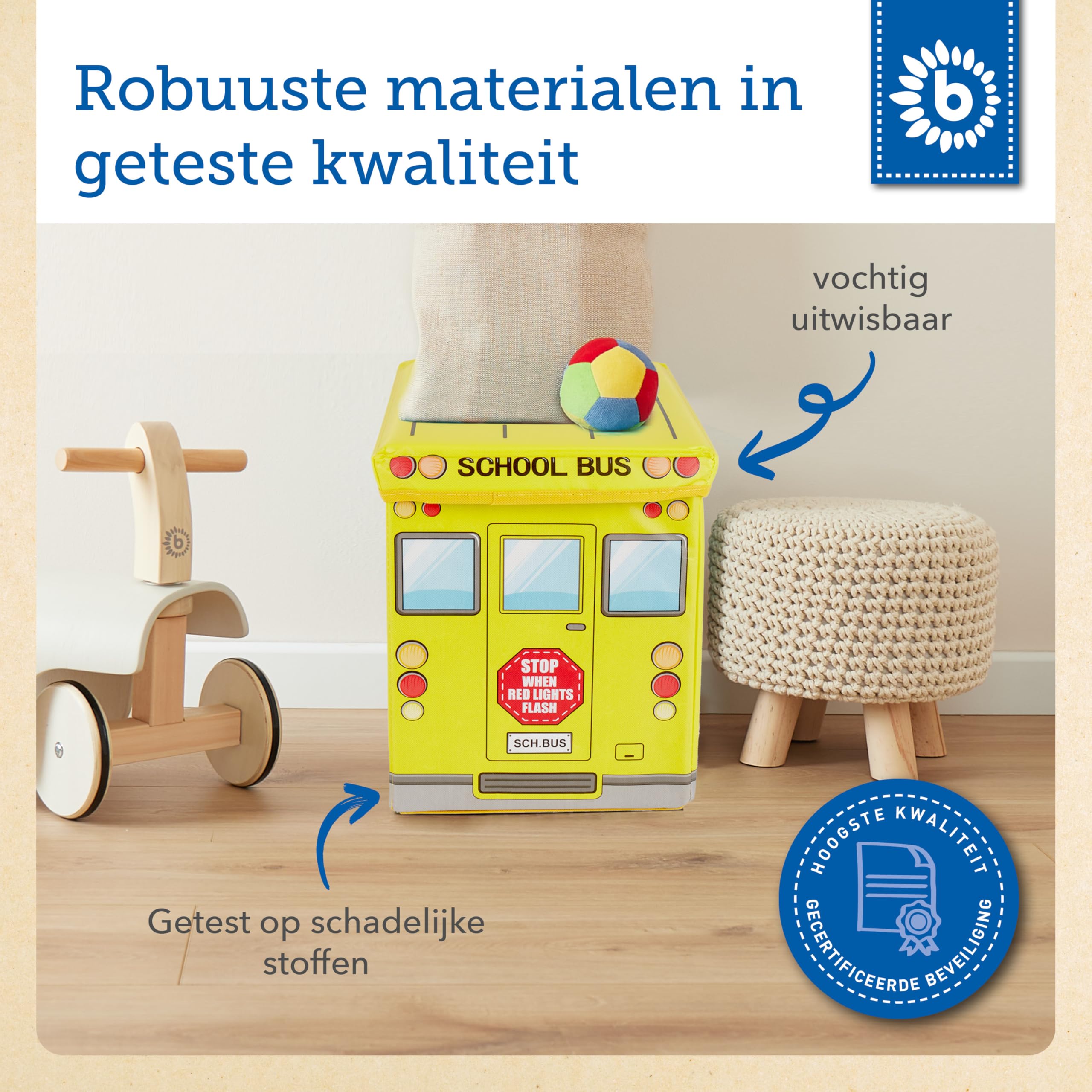 Bieco Aufbewahrungsbox mit Deckel Kinder Schulbus, faltbar, Sitzhocker mit Sitzgelegenheit, und Polsterung, Spielzeugkiste mit Stauraum, Sitztruhe, Jungen & Mädchen, 46 L, Belastbar bis 80 Kg, gelb