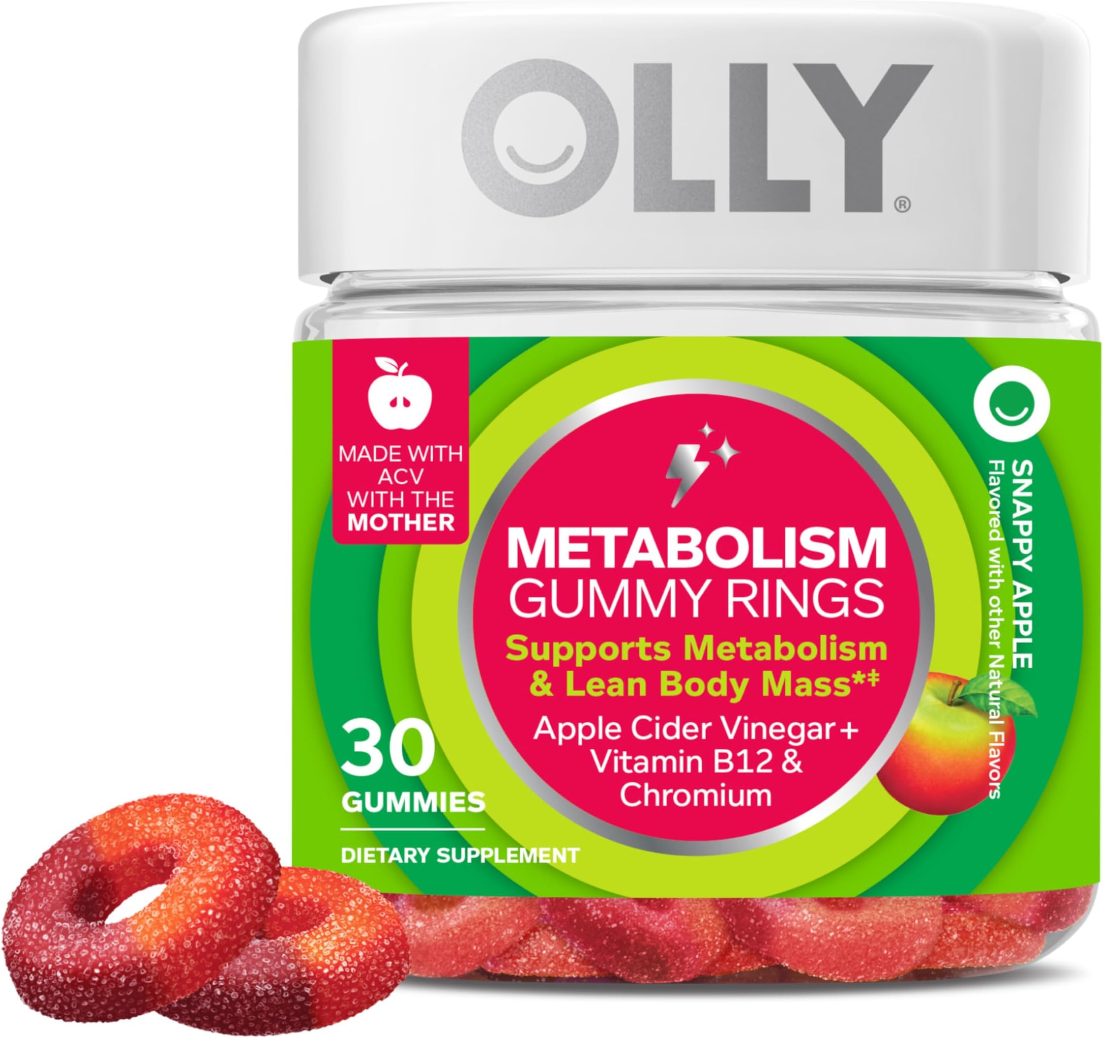 Metabolism Gummy Rings, Apple Cider Vinegar, Vitamin B12, Chromium, Energy and Digestive Health, Chewable Supplement, Apple Flavor - 30 Count