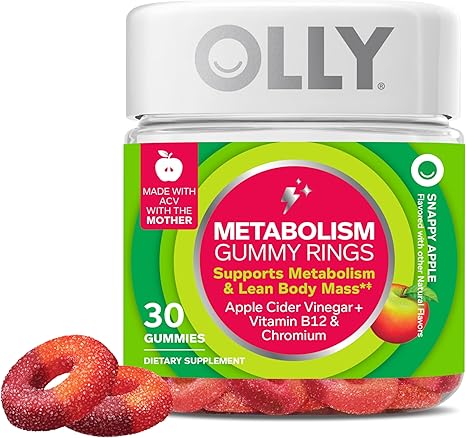 OLLY Metabolism Gummy Rings, Apple Cider Vinegar, Vitamin B12, Chromium, Energy and Digestive Health, Chewable Supplement, Apple Flavor - 30 Count OLLY Metabolism Gummy Rings, Apple Cider Vinegar, Vitamin B12, Chromium, Energy and Digestive Health, Chewable Supplement, Apple Flavor - 30 Count