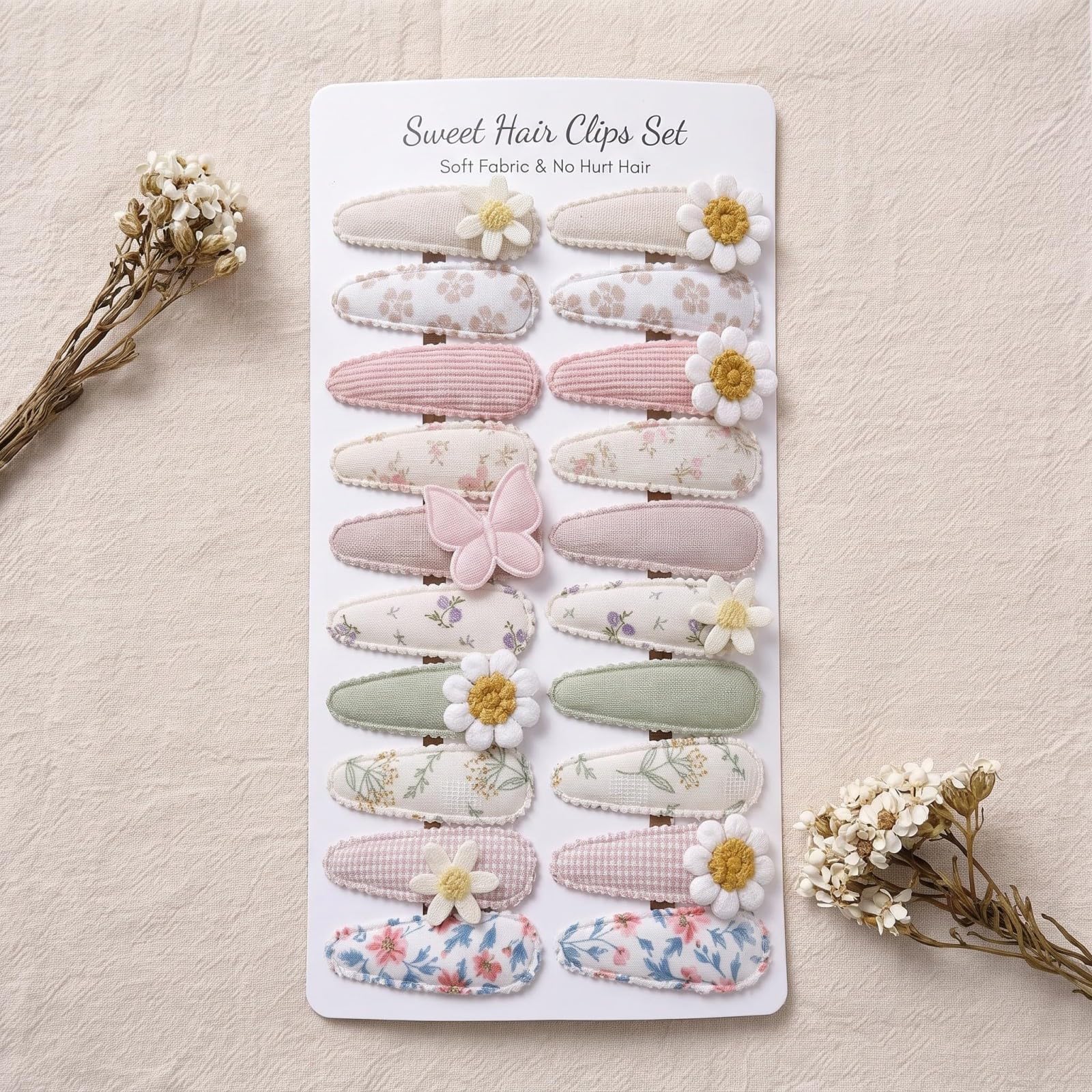 20 Pcs Baby Hair Clips for Girls, Handmade Fabric-Covered Toddler Hair Clips with Silicone-Protected Tips, 5 cm Snap Clips, Assorted Baby Girl Hair Accessories Sets，Butterfly flower