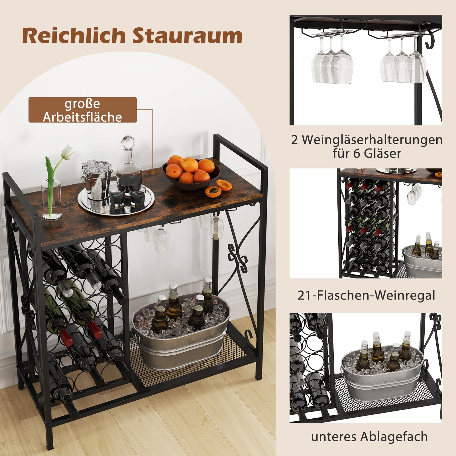 GOPLUS Weinregal für 21 Flaschen, Flaschenregal mit Weinglashalter für 6 Gläser & Gitterregal, freistehender Flaschenständer, Weinflaschenhalter Weinflaschenständer für Esszimmer, Keller (Schwarz)