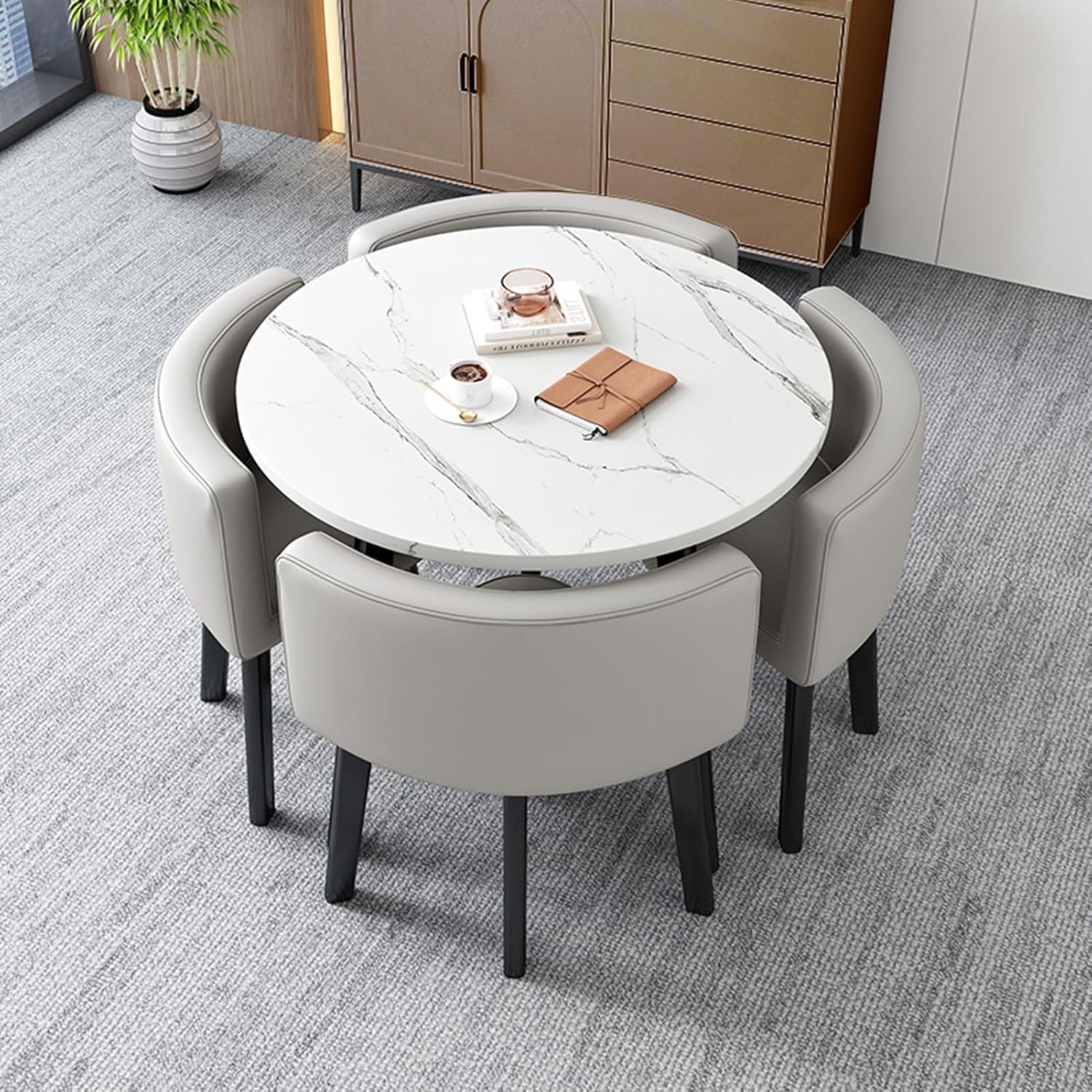 Modern Office Business Hotel Lobby Dining Table Set with Business Coffee Table Office Table and Chair Set for Leisure Area Balcony Small Round Table Includes 1 Table and 4 Chairs,Light Gray