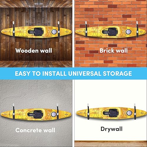 Miniatura 27 de Estante de almacenamiento de kayak, soporte de kayak para garaje, soporte de pared para kayak con correas de nailon, gancho de kayak resistente Negro