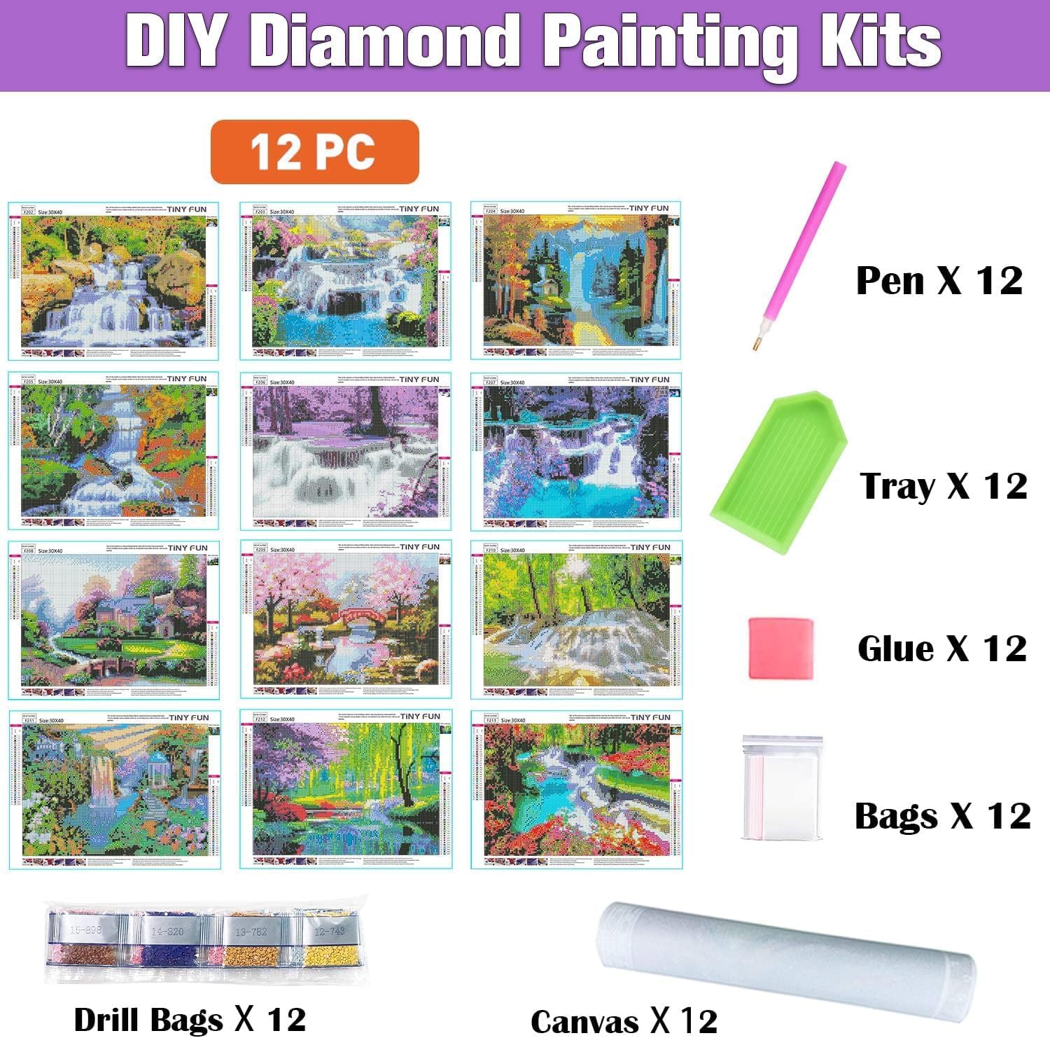 TINY FUN 12 Pack Diamond Art Kits for Adults & Beginners 5D Diamond Painting with Round Full Drill for Home Wall Decor Gift image 4