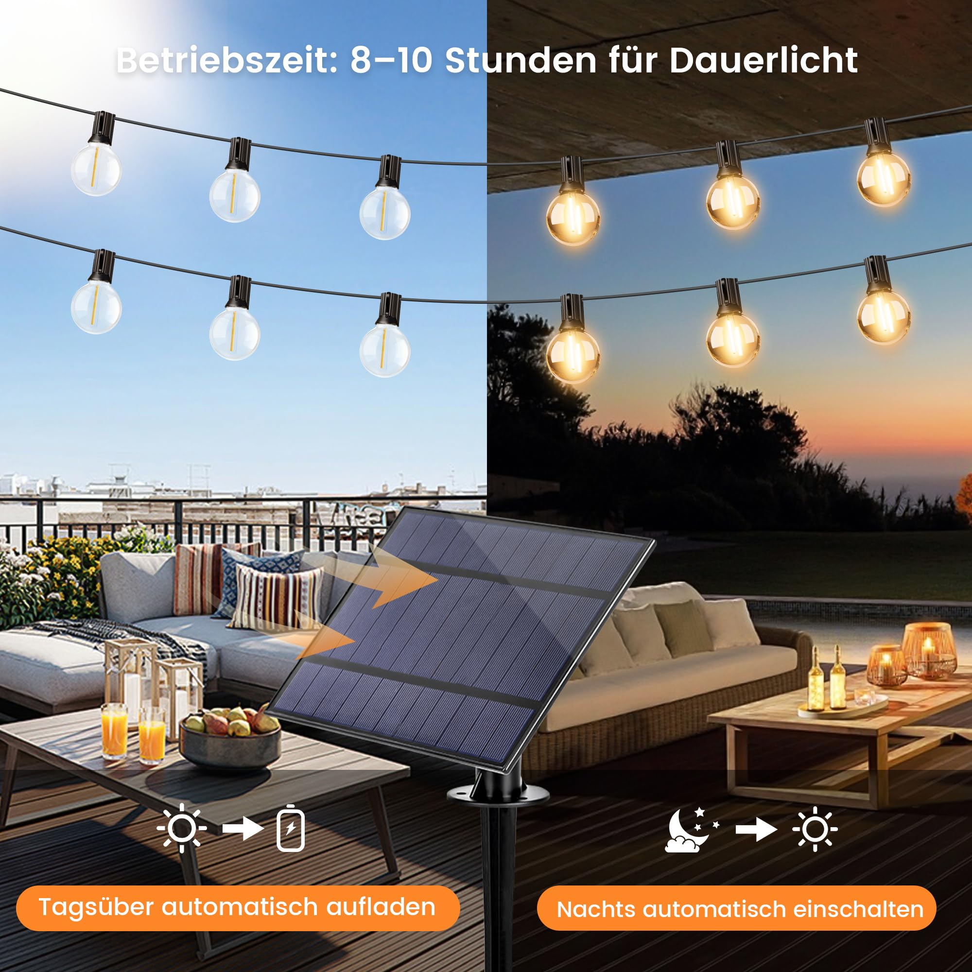 OHLUX 36M Solar Lichterkette Outdoor, Festonslichter mit Fernbedienung, 52 Unzerbrechliche G40 LED Lampen, IP65 Wasserdicht, 2200K Warmweiß, Balkon Lichterkette für Garten, Pavillon