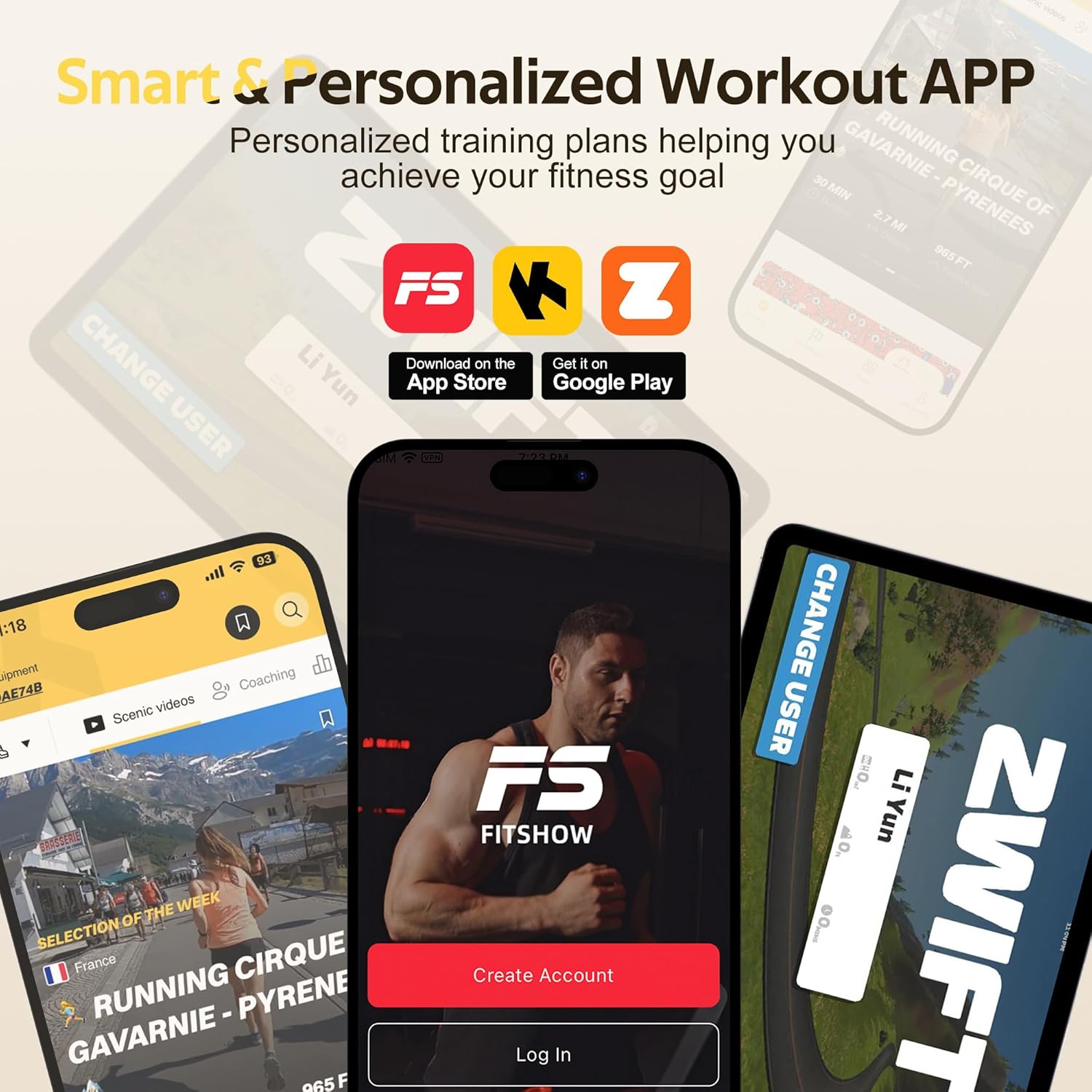 Smartphone screens showing FitShow, Kinomap, and Zwift apps connected to the treadmill