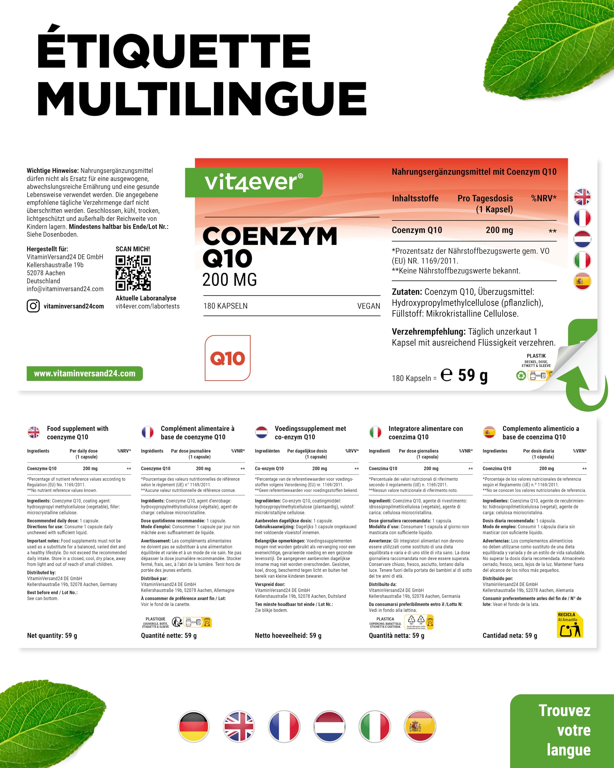 Coenzyme Q10 avec 200 mg par Gélule - 180 Gélules Vegan - 6 Mois de Réserve - Q10 de Haute Qualité - Hautement Dosé, sans Additifs Inutiles
