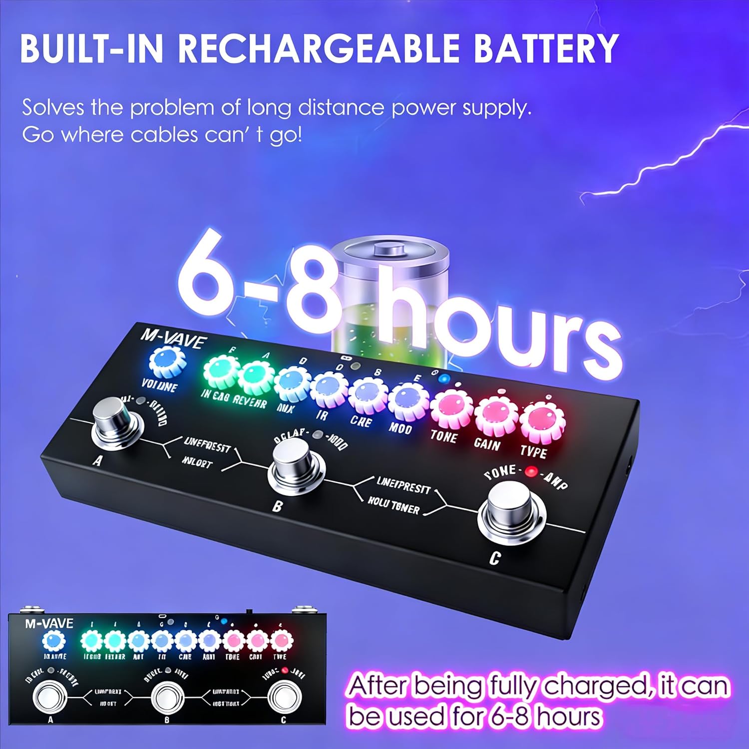 Multi Effects Guitar Pedal Portable Electric Guitar Processor with 9 AMP Models, 8 IR CabSims, Reverb, Delay, Distortion, Overdrive Rechargeable, Bluetooth 5.0, PC/Phone Recording