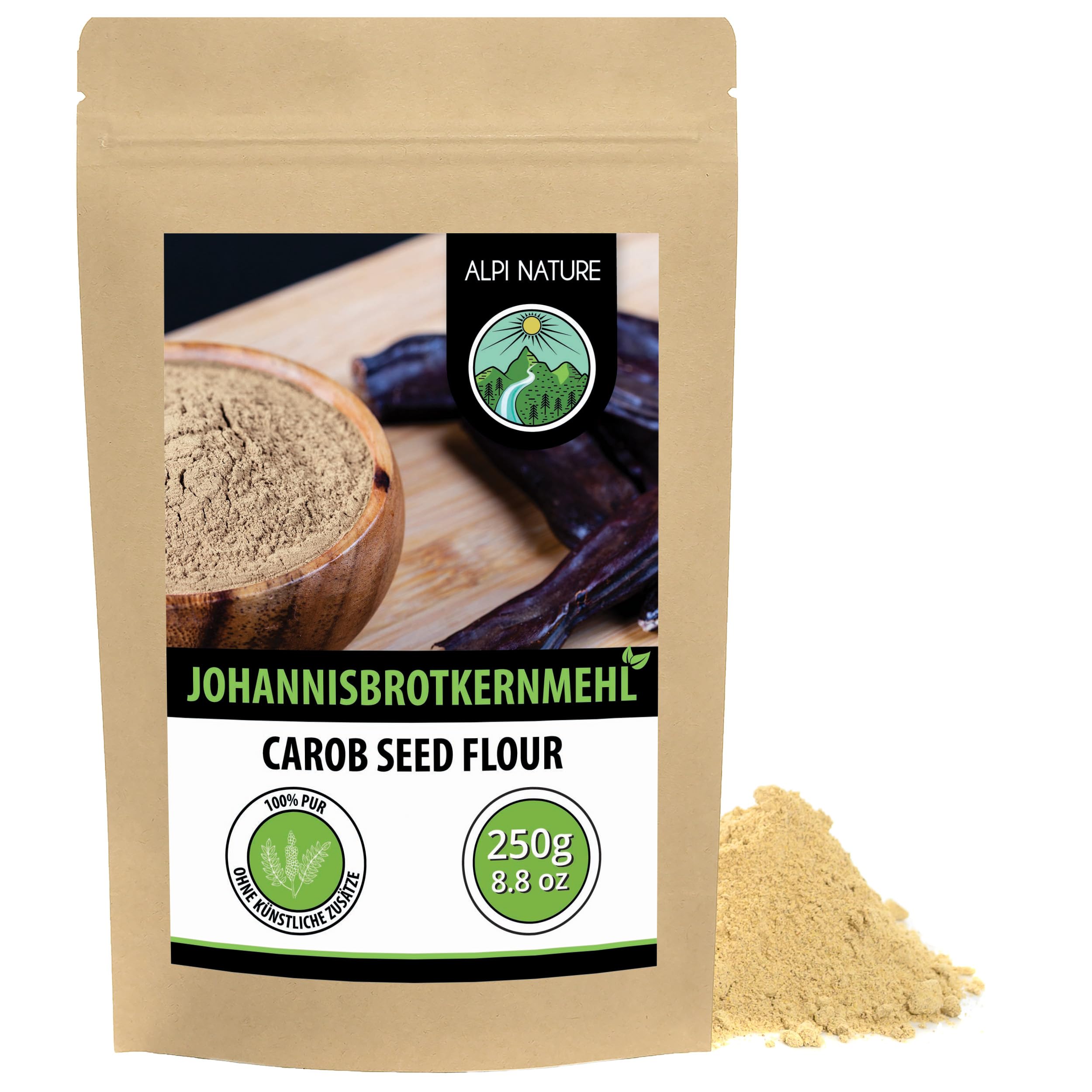 Alpi Nature Johannisbrotkernmehl 250g, gemahlene Johannisbrotkerne als Stärke und Bindemittel geeignet, Johannisbrotkernmehl für Eis