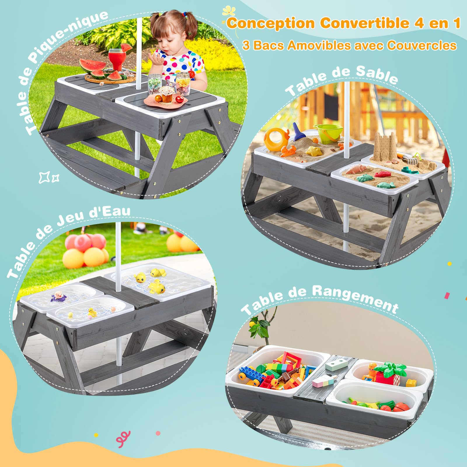 COSTWAY Table de Pique-Nique Enfants avec Parasol Réglable & 3 Bacs Amovible, Table de Jardin Extérieur en Sapin pour Sable et Eau, Charge 100kg pour Enfants de 3 Ans+ pour Jardin Terrasse