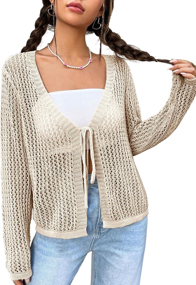 SECRETEYARD Womens Lightweight Crochet Cardigan Tie Front Shrugs