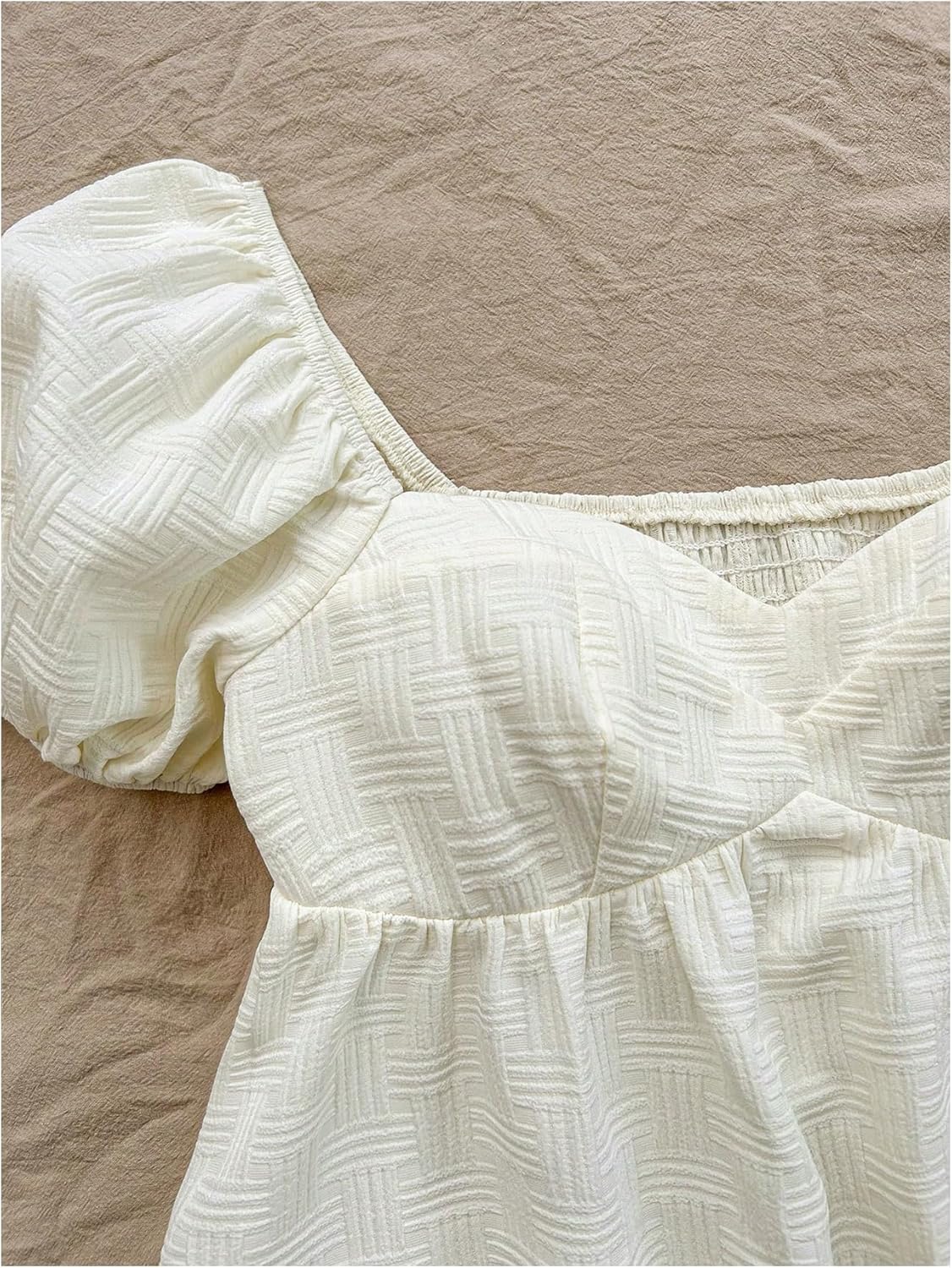 OYOANGLE Women's Textured Sweetheart Neck Blouses Puff Short Sleeve Ruffle Hem Cute Peplum Tops - Image 3