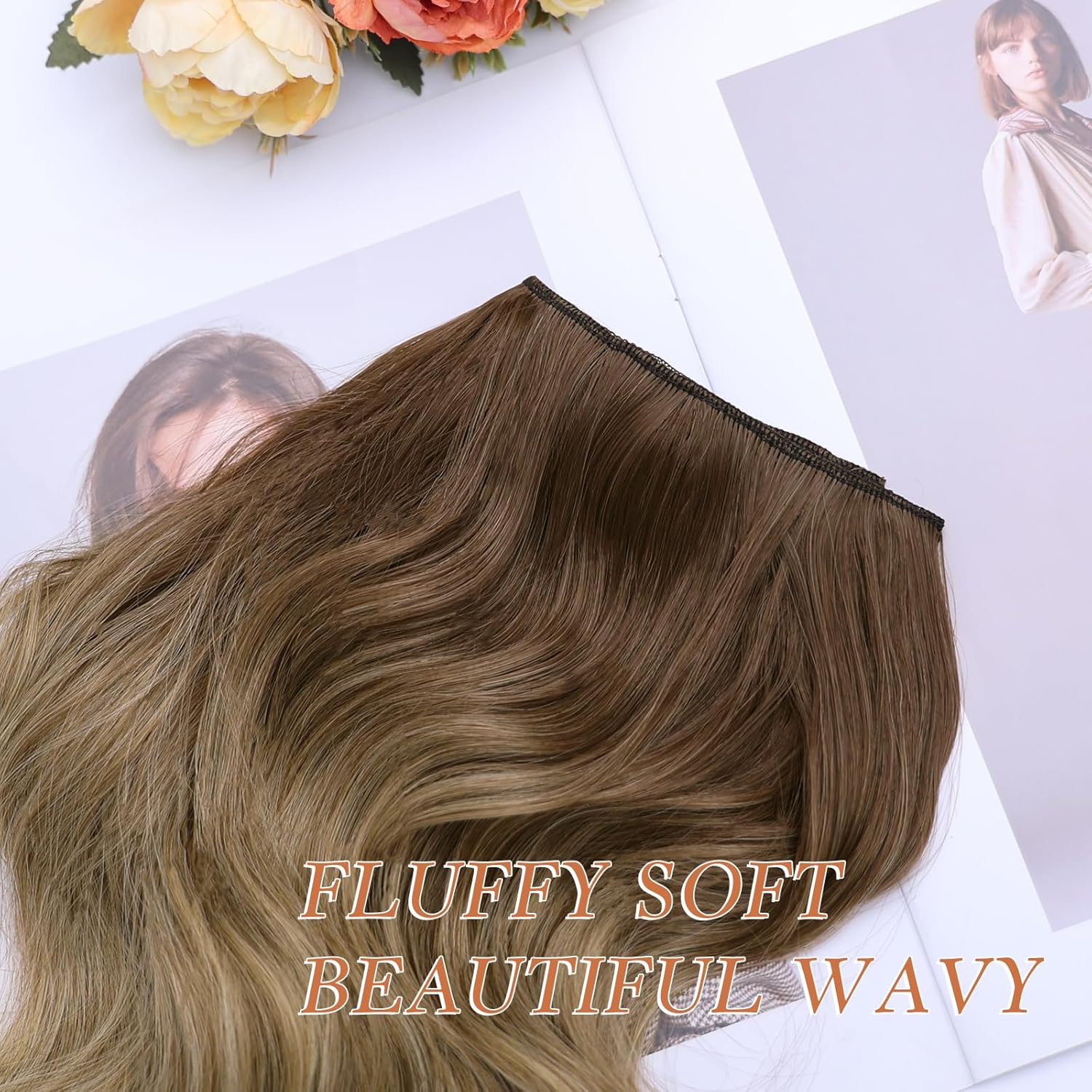 NAYOO Clip in Hair Extensions for Women 16 Inch Long Wavy Curly Blonde Hair Extension 6PCS Synthetic Hair Extension Hairpieces(Ombre Brown to Blonde)