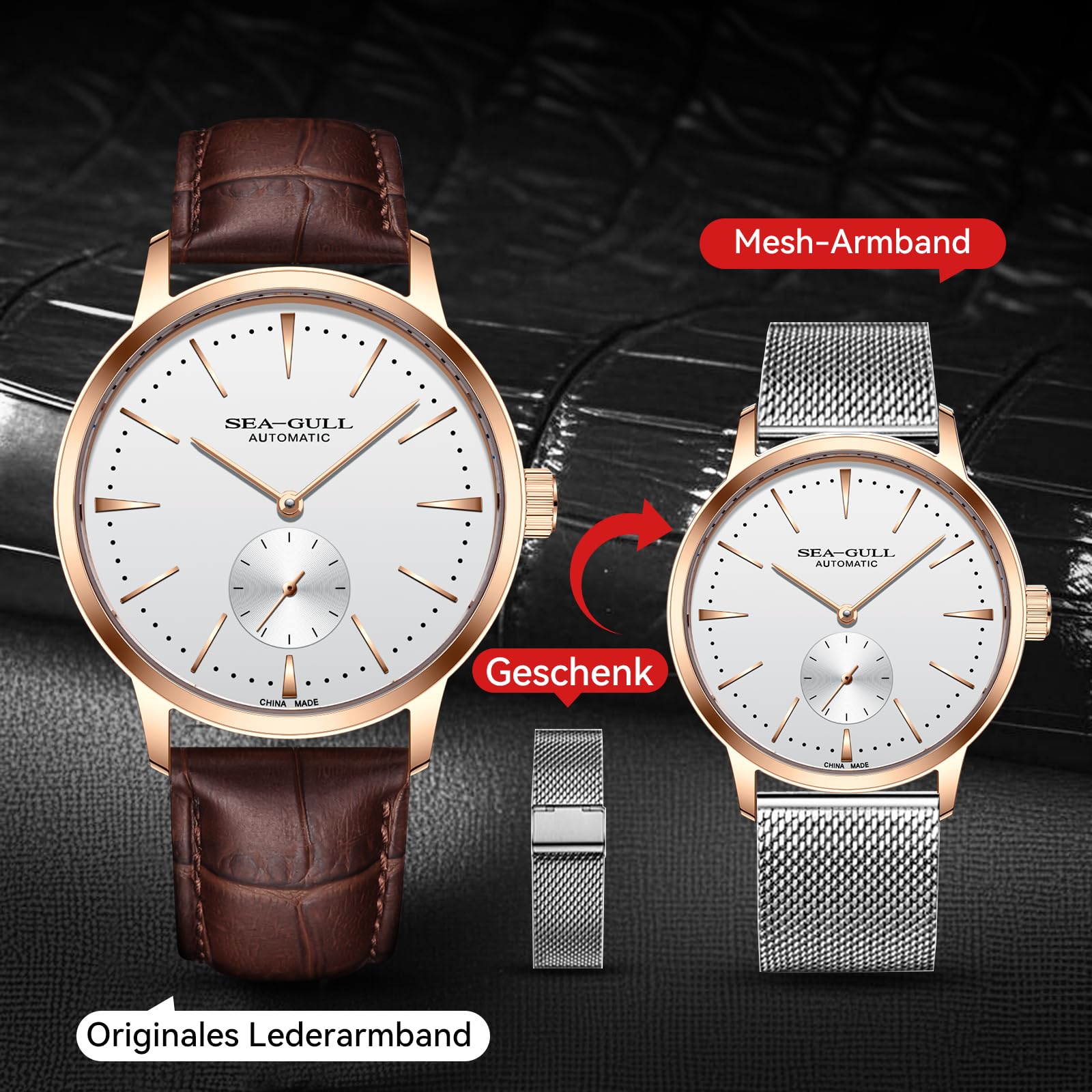 Seagull Herren Automatik Mechanische Uhr mit Sekunden-Unterzifferblatt Business Lederarmband Analog Anzeige Armbanduhr 40mm