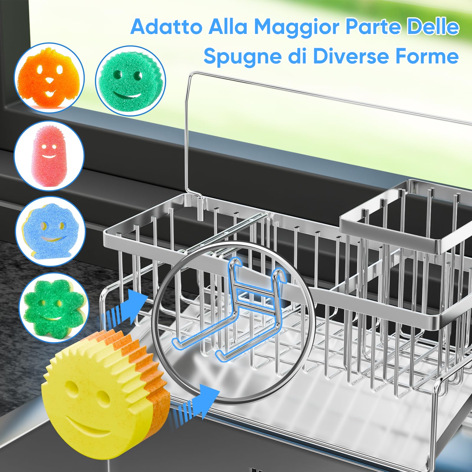 Organizer Cucina Porta Spugna per Lavello Autosvuotante in Acciaio Inossidabile con Portaspazzole Alto Gancio per Spugna Porta Asciugamani e Divisore Organizer per Gadget per Bancone, Argento