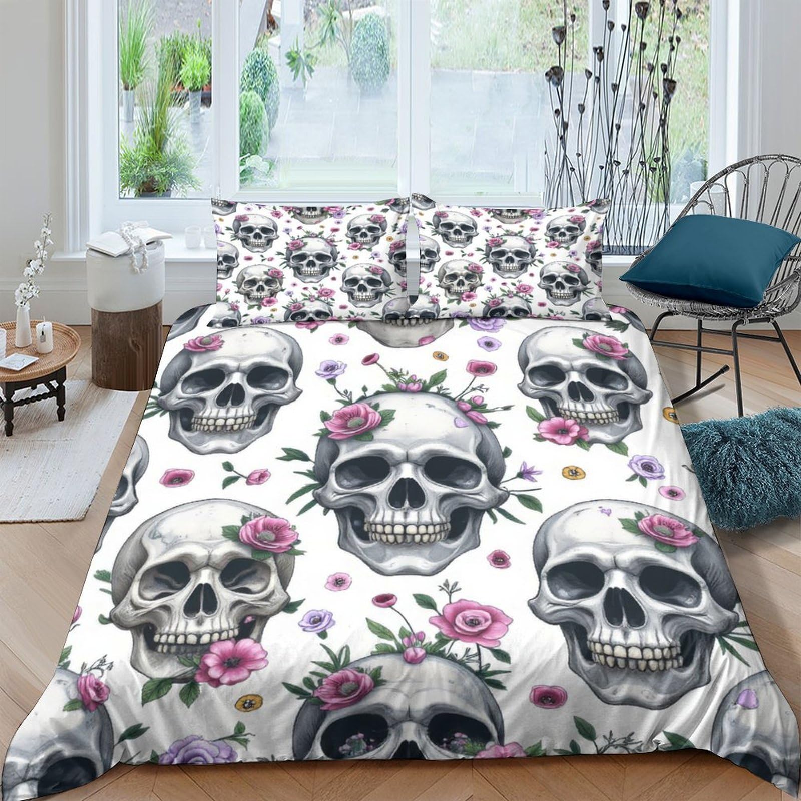 Ctjqhvkz Style-2 3D Printed Skull Floral Fitted Sheet Microfiber Soft Anti-Slip Bed Cover For Bedroom Guest Room Decor Machine Washable Single（135X200cm）