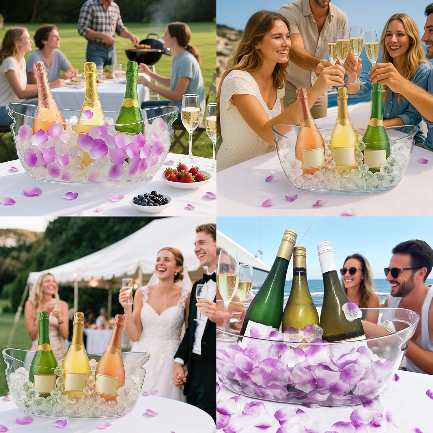 Ice Buckets for Parties Set of 2 – 5L Clear Beverage Tub with Ice Scoop & Faux Petals, Large Drink Buckets for Wine, Champagne, Beer, and Events