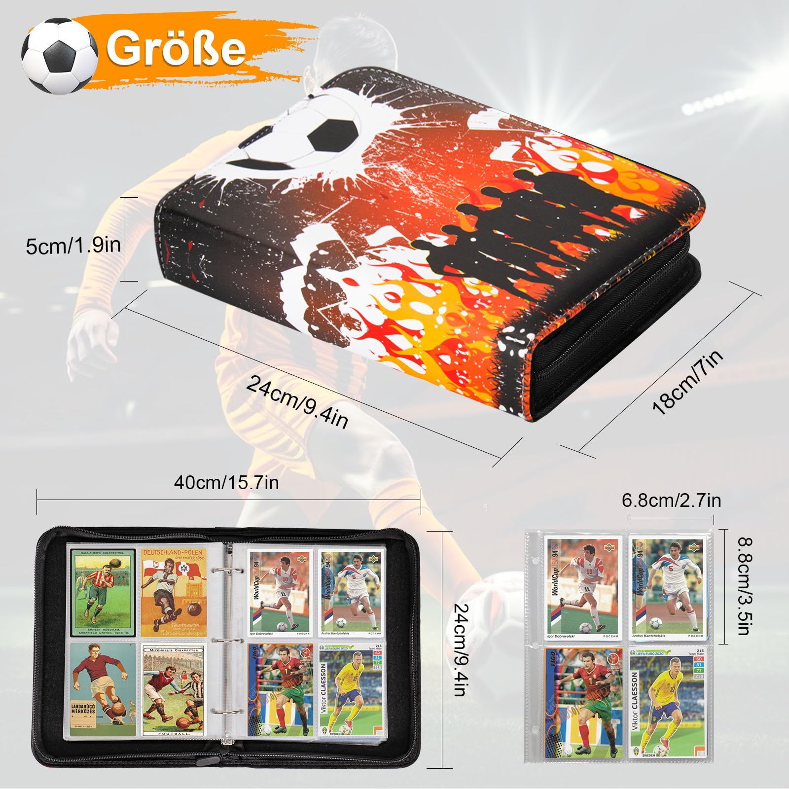 Kaartenverzamelalbum, 9 vakken, 50 pagina's, capaciteit voor 900 kaarten, album voor verzamelkaarten, trainer verzamelalbum, voor het opbergen van verzamelkaarten, bordspelkaarten. (Voetbal-L