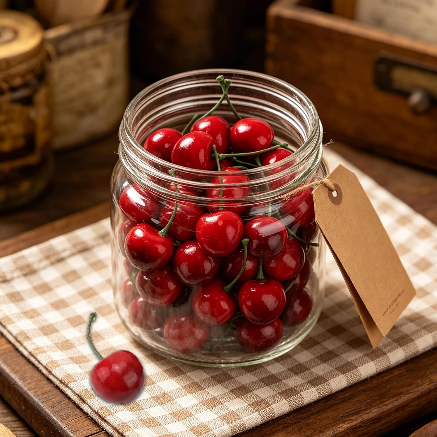 50 Pcs Red Artificial Cherries for Decoration, Fake Cherries Lifelike Simulation Fruit Model, Realistic Cherry Ornament for Home Kitchen Party Bakery Display, Photography Prop Fake Candy, 1 inch