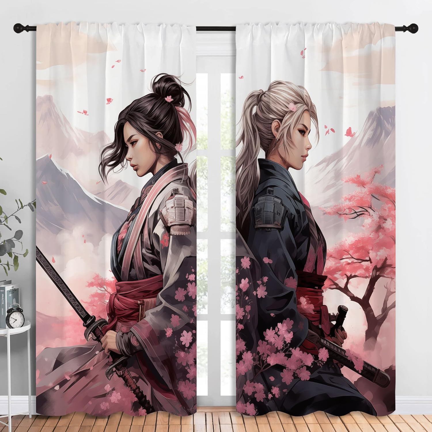 Japanese Anime Blackout Curtains for Boys Girl Bedroom Decor,Cherry Blossom Female Samurail Thermal Insulated Rod Pocket Drapes Darkening Window Curtain for Living Room Home 84x72 inch