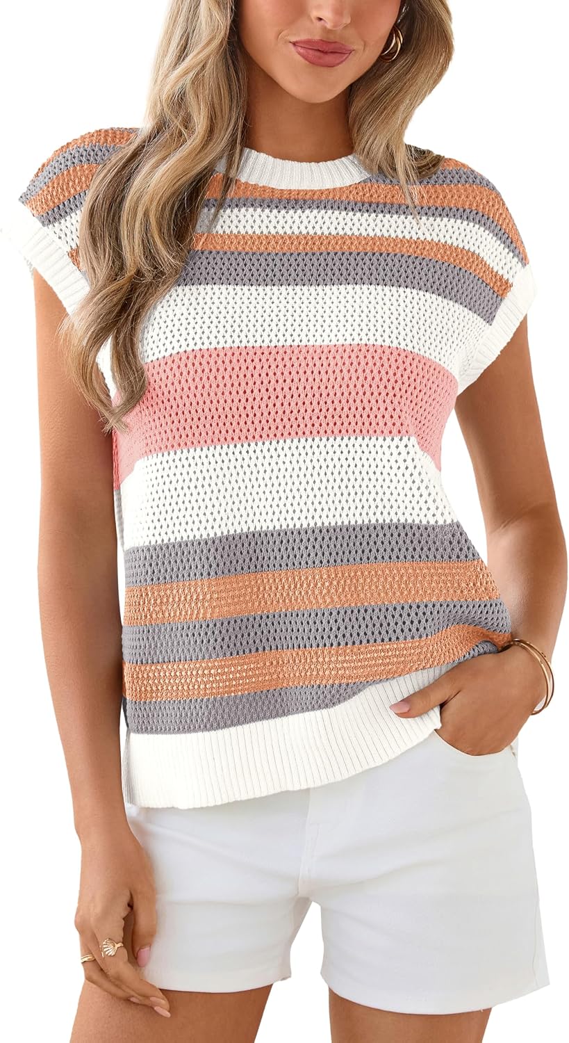 dowerme Womens Spring Tank Tops 2026 Cute Cap Sleeve Crewneck Color Block Crochet Sweater Vest Striped Summer Outfits
