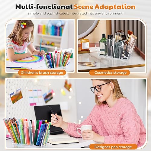 Miniatura 5 de Portalápices acrílico festoneado, organizador de escritorio transparente con 4 compartimentos, soporte para brochas de maquillaje y organizador