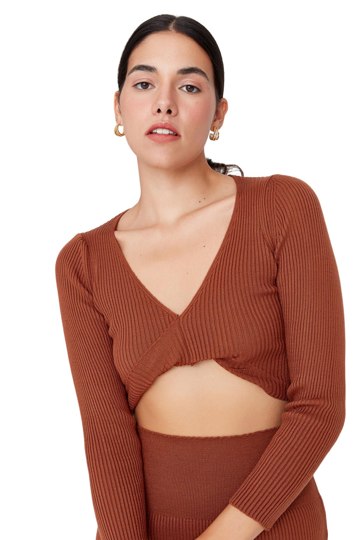 Trendyol Damska sukienka z dzianiny Midi Bodycon, Brązowy, S
