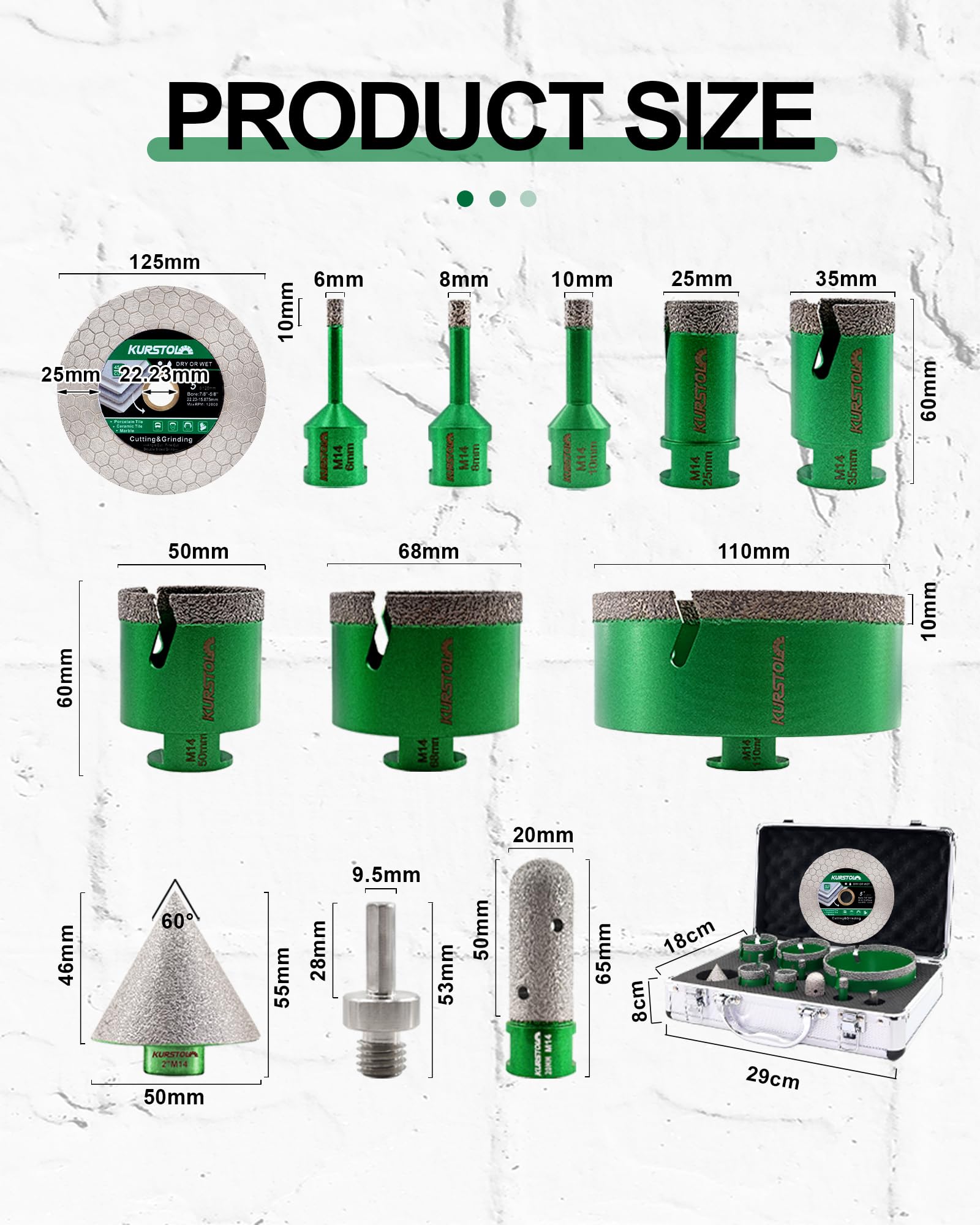 Brocas Diamante Porcelanico Kit 12 piezas - 6/8/10/25/35/50/68/110mm Brocas, 20mm Fresa, 50mm Broca Chaflan, 125mm Disco Diamante, Adaptador para Azulejo de Cerámica Porcelana Mármol Granito
