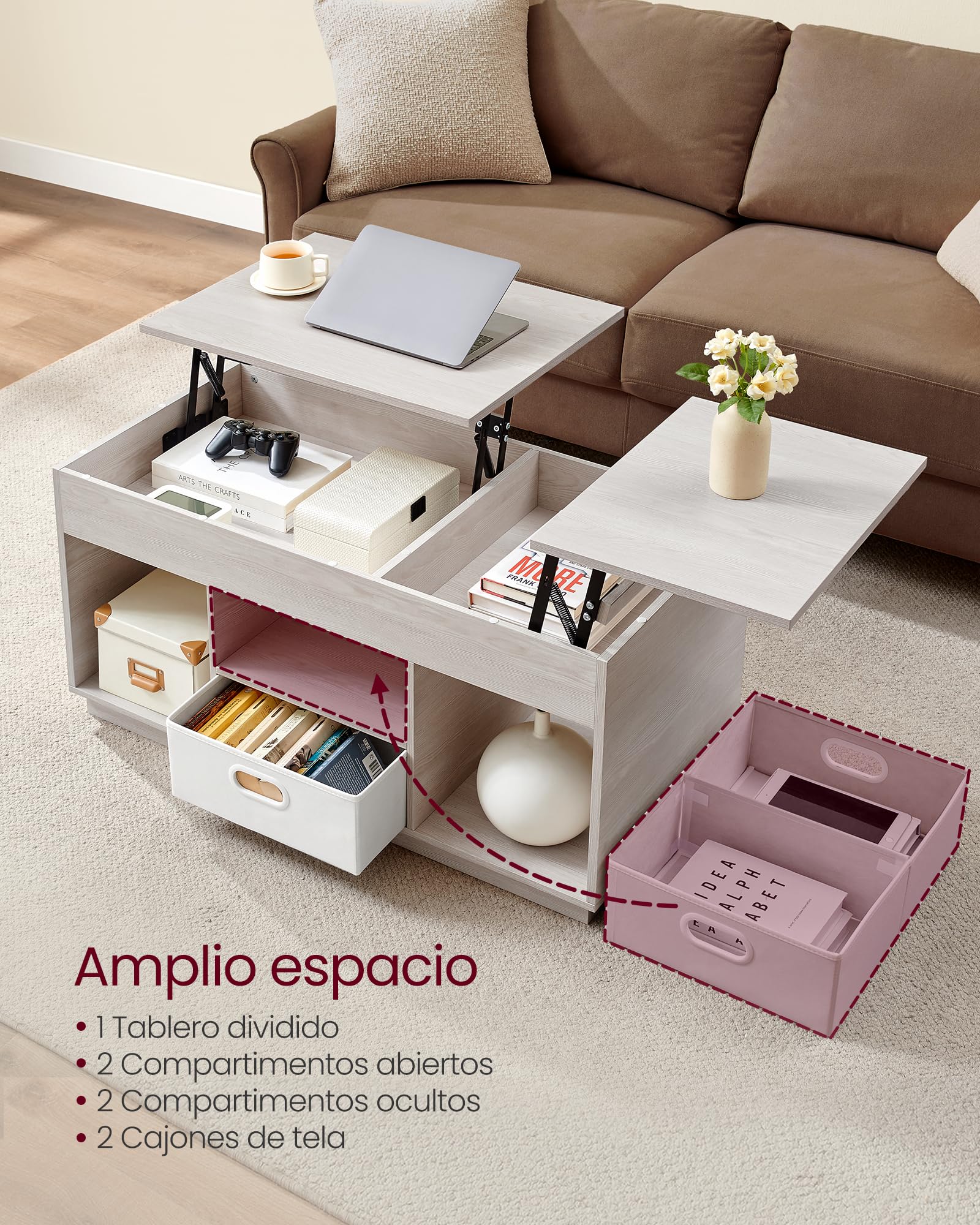 VASAGLE Mesa de Centro, Mesa de Café con Tablero Elevable, 2 Cajones y Compartimentos Ocultos, Compartimentos Abiertos, para Sala de Estar, Estudio, Beige Avena LCT210K01