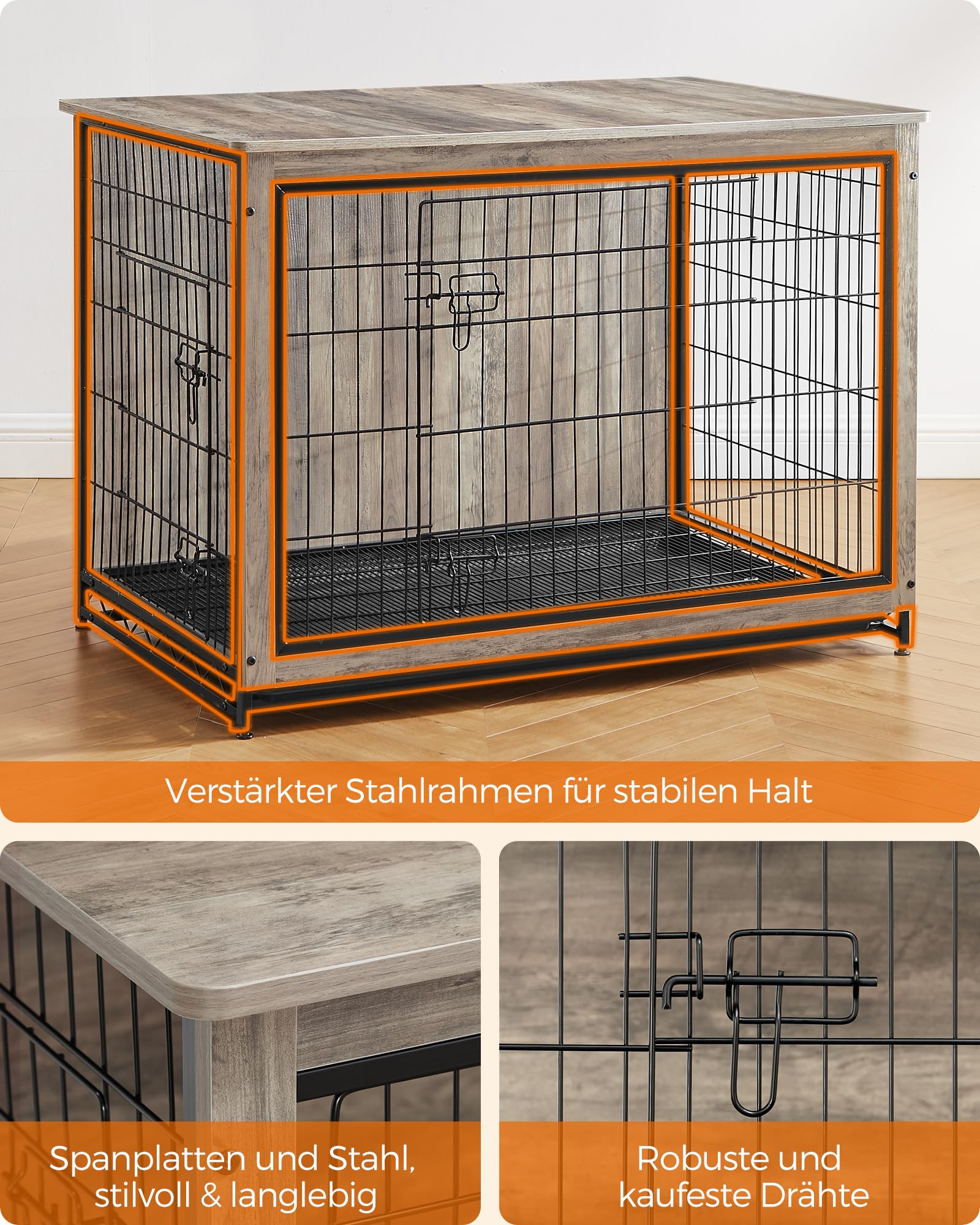 Feandrea Hundekäfig Möbel, Beistelltisch, Hundebox, Moderne Hundehütte Indoor für Hunde bis zu 36 kg, hochbelastbar, Hundehaus für Zuhause, herausnehmbares Tablett, 2 Türen, Greige PFC004G01
