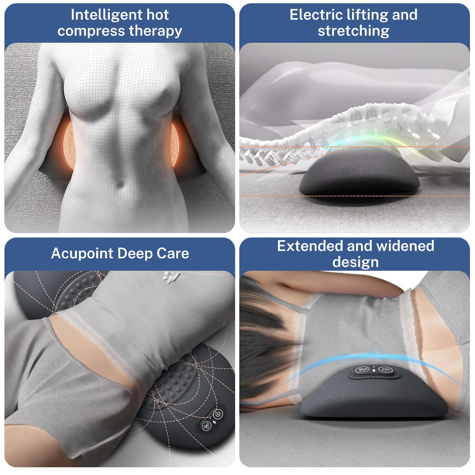 3-in-1 Rückenmassagegerät mit Wärme, Vibration & Traktion, Electric Lendenwirbel-Massagegerät, ergonomische Lordosenstütze mit Memory-Schaum, USB Massagekissen für Zuhause, Büro & Reise (A)