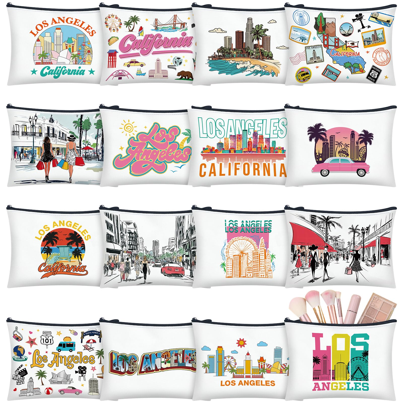 Bulyoou 16 Pcs Los Angels Cosmetic Bag Souvenir Gifts Makeup Bag Travel Vacation Zipper Pouch Purse for Women Birthday Trip Gifts Party Favors
